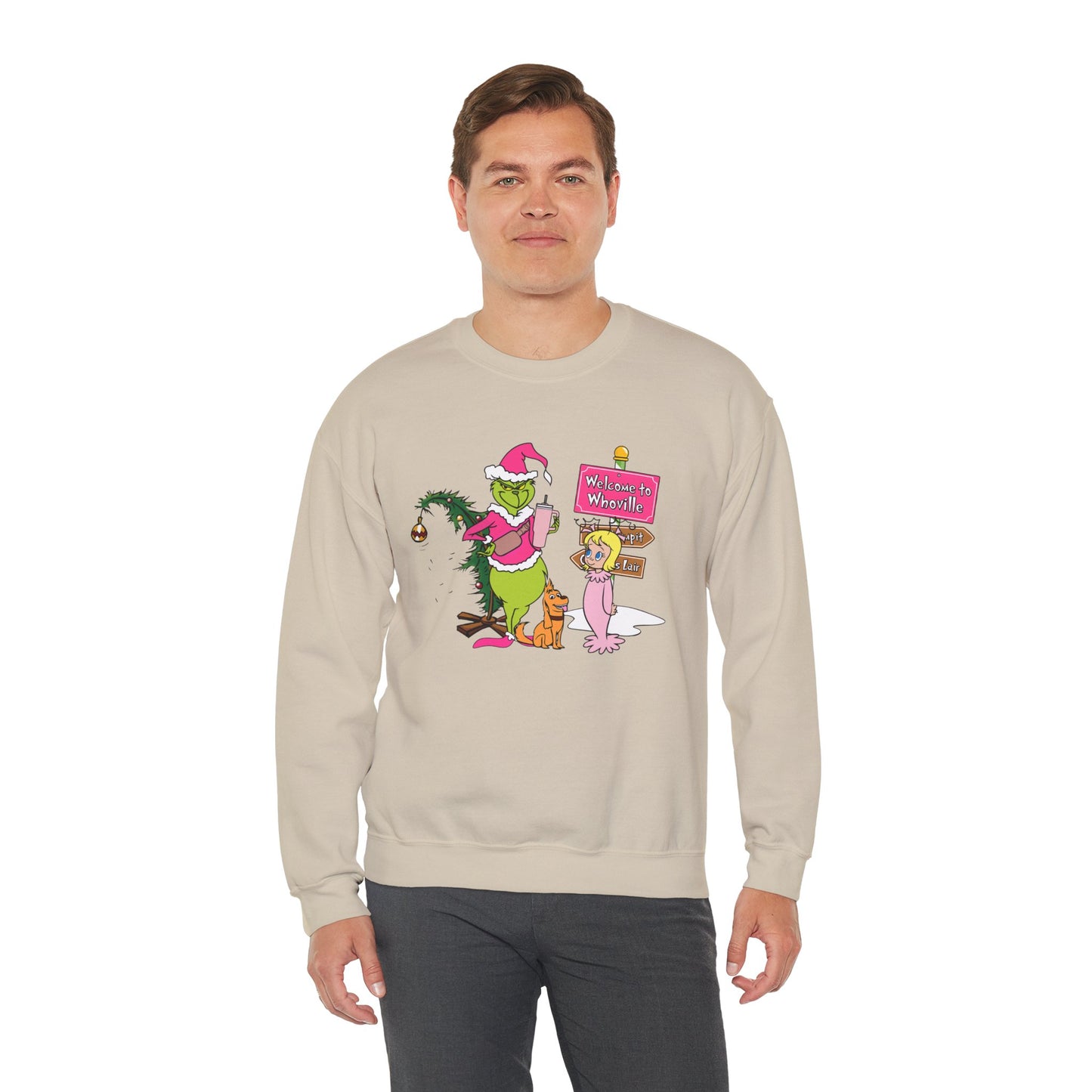 Welcome to Merryville Christmas Crewneck – Cute Green Creature & Winter Village Sweatshirt (Unisex)