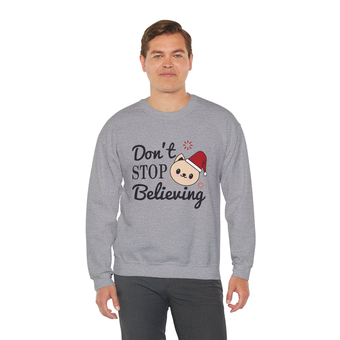 Don’t Stop Believing Christmas Crewneck – Cute Santa Cat Holiday Sweatshirt (Unisex)