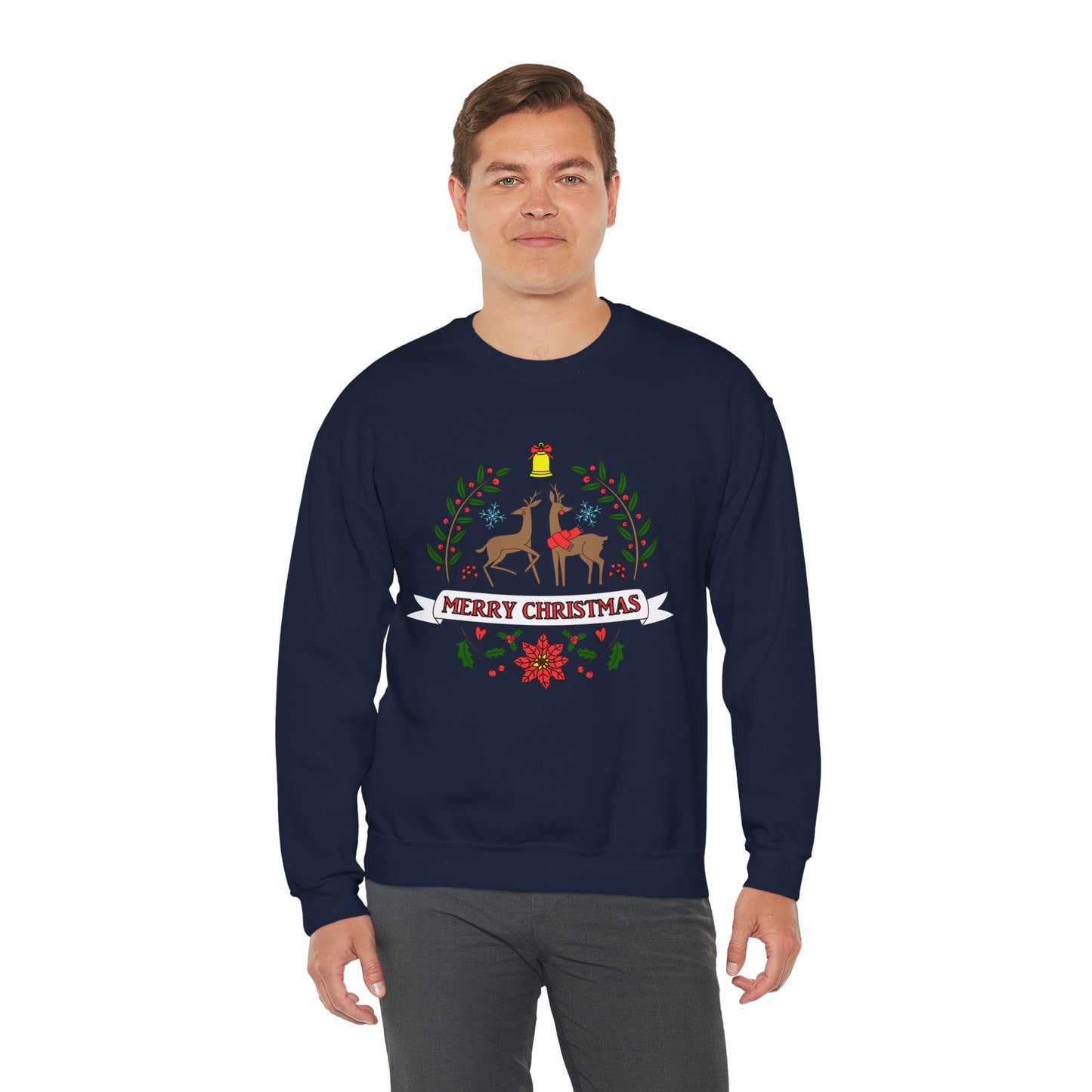Merry Christmas Reindeer Crewneck – Classic Holiday Laurel & Poinsettia Sweatshirt (Unisex)
