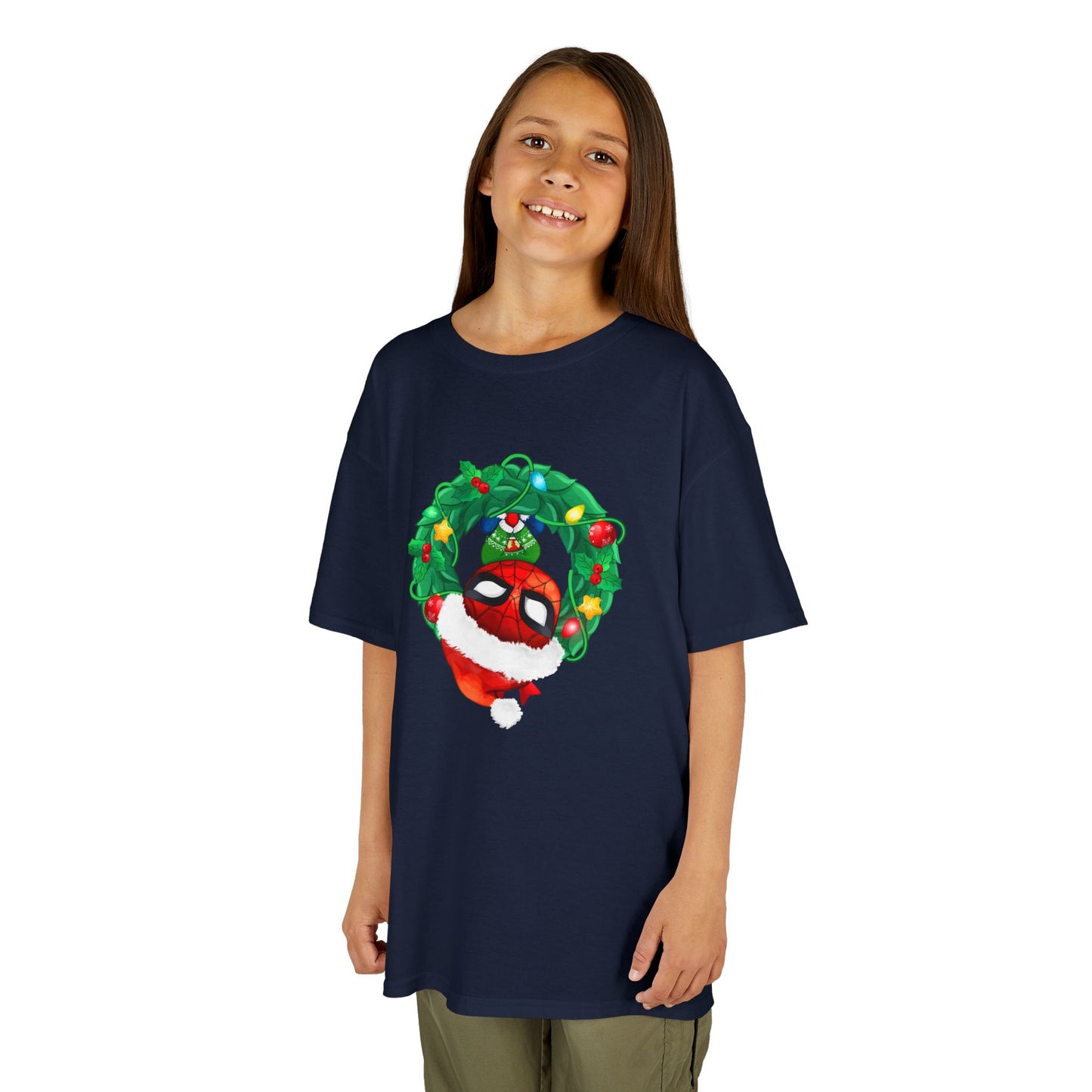 Spidey Wreath Kids Christmas Tee – Superhero Holiday Shirt for Kids Heavy Cotton T-Shirt