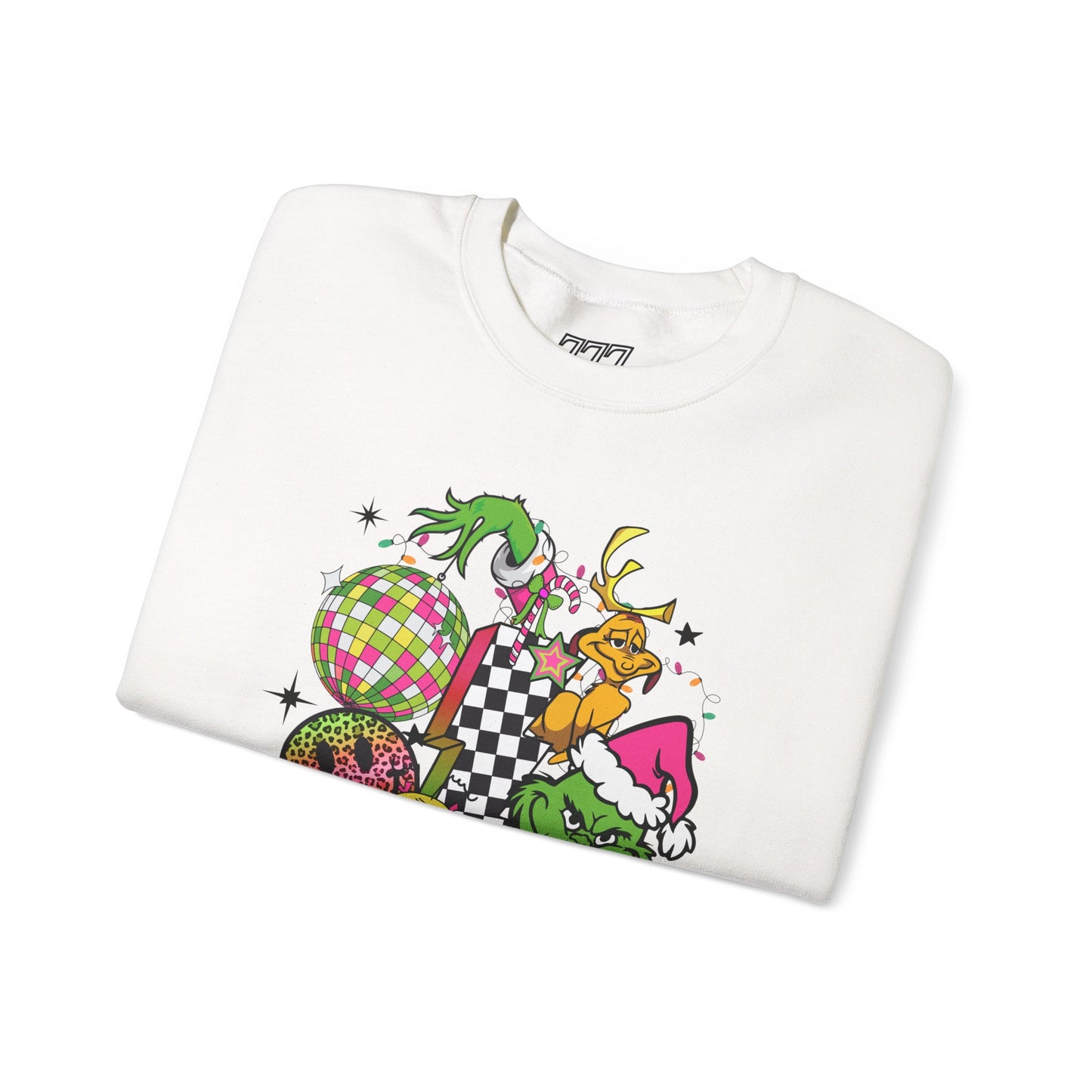 Grinchy Bells Christmas Crewneck – Neon Holiday Hearts & Grumpy Green Aesthetic Sweatshirt (Unisex)