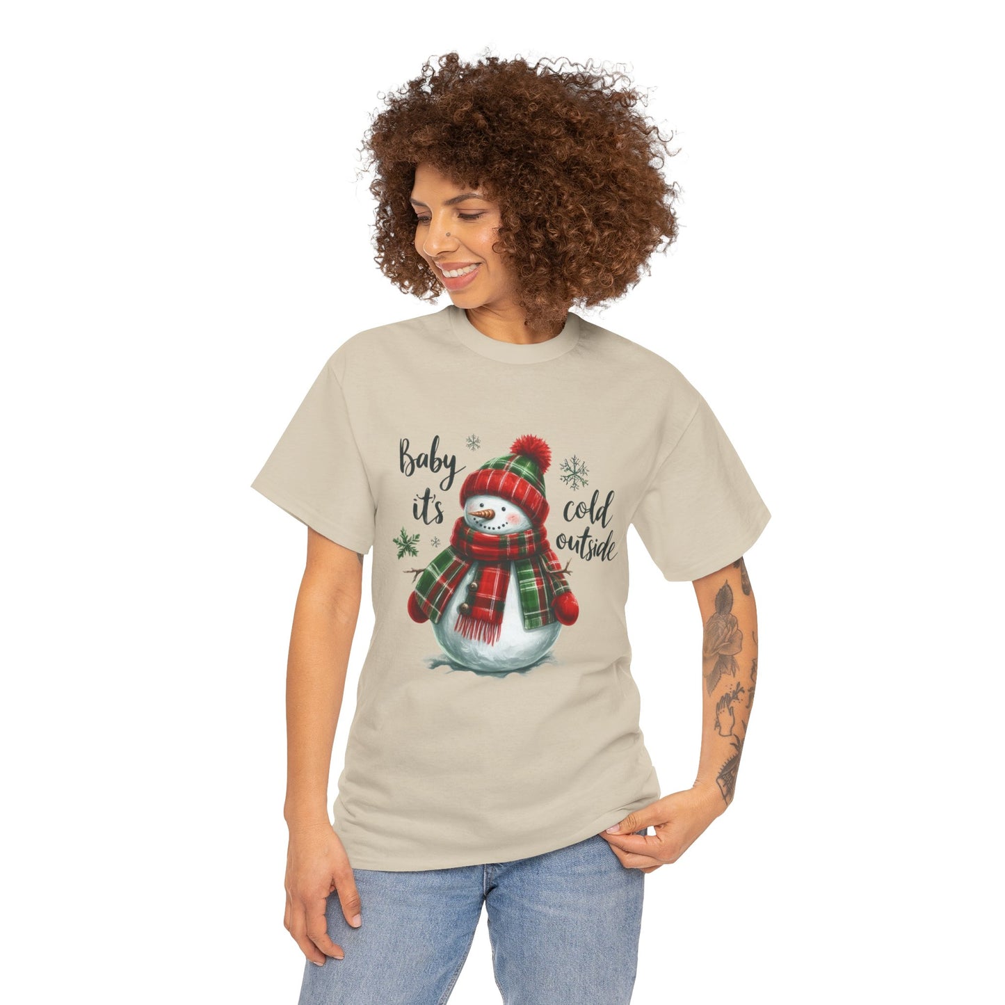 Baby It’s Cold Outside Christmas Unisex Heavy Cotton T-Shirt – Cute Snowman Holiday Tee