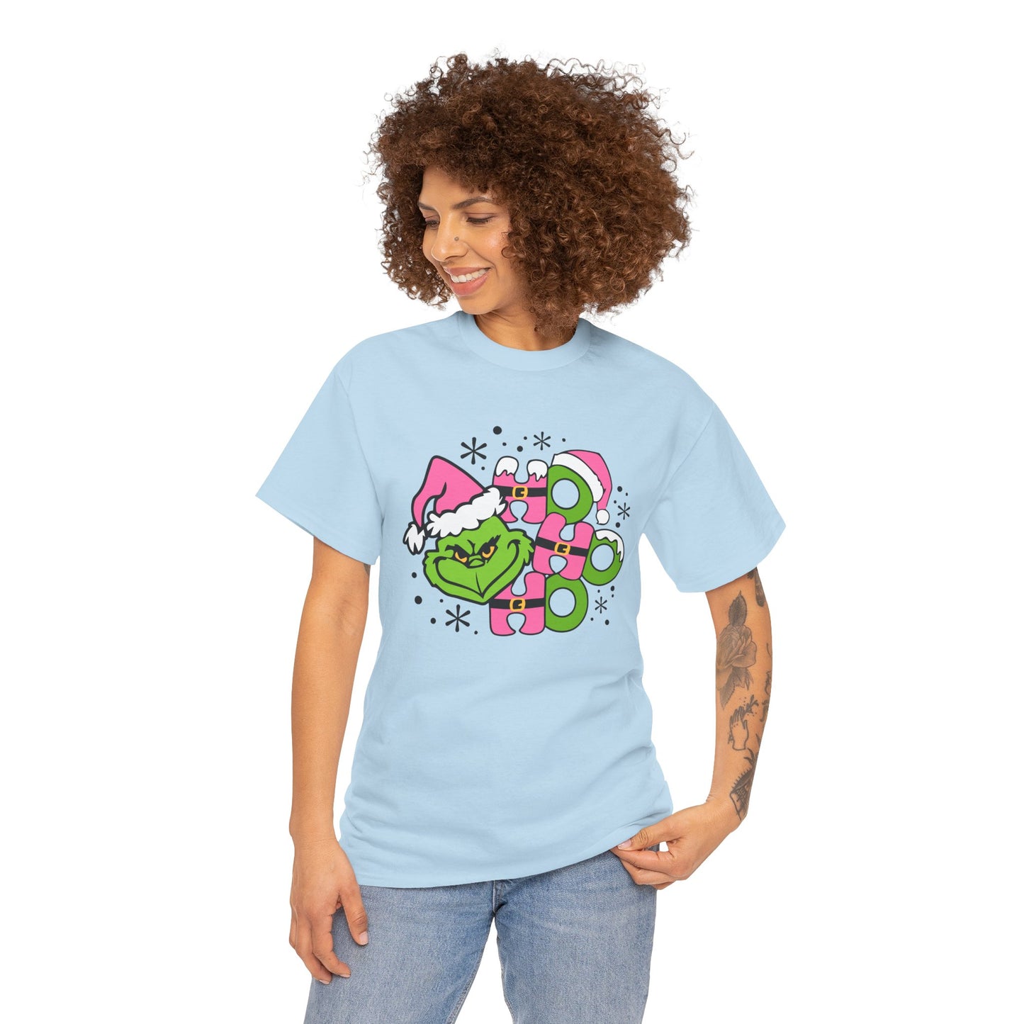 HO HO HO Funny Christmas Grinch-Inspired Holiday Tee – Cute Pink Santa Unisex Heavy Cotton T-Shirt