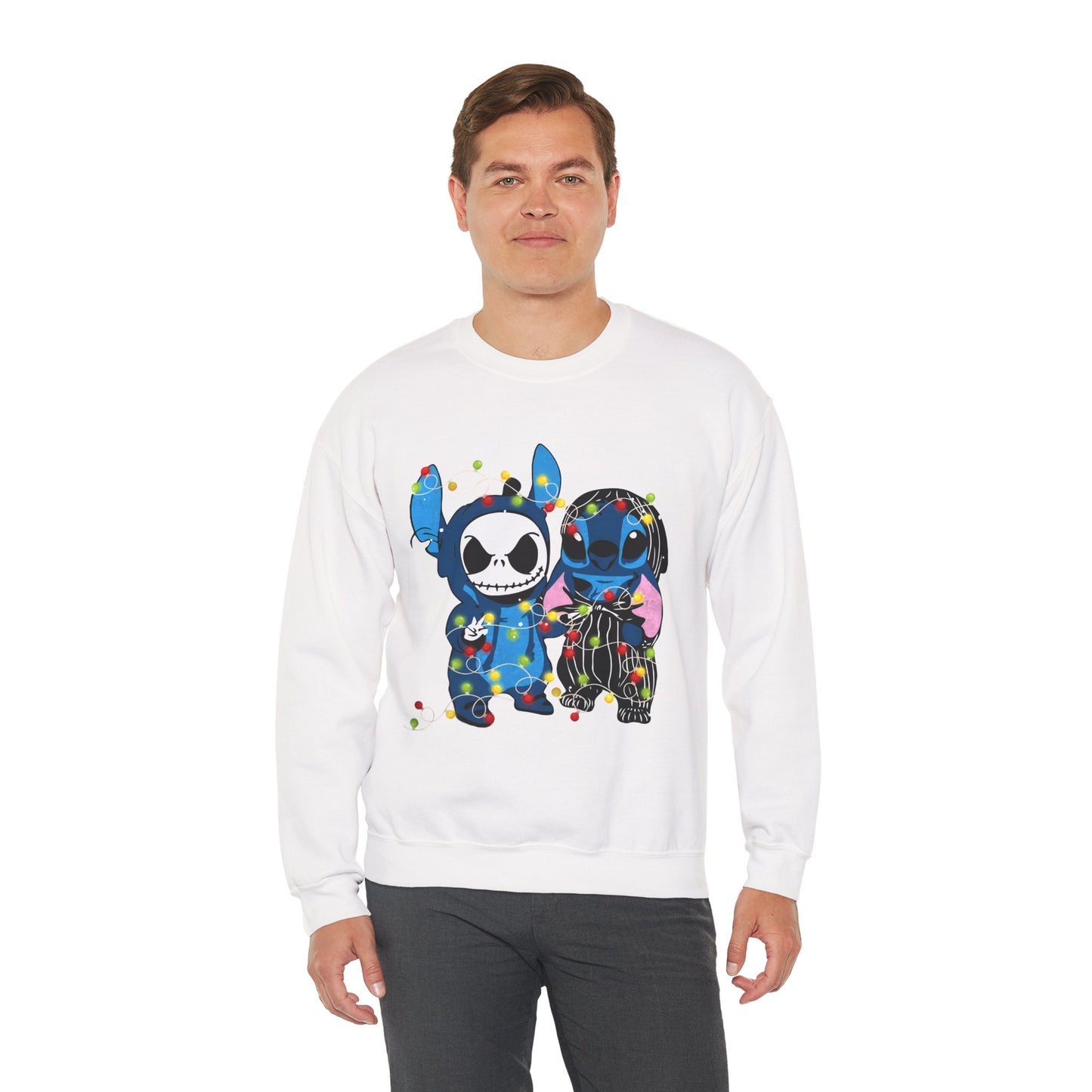 Cute Holiday Duo Christmas Unisex Heavy Blend Crewneck Sweatshirt – Cartoon Alien & Skeleton Festive Sweater