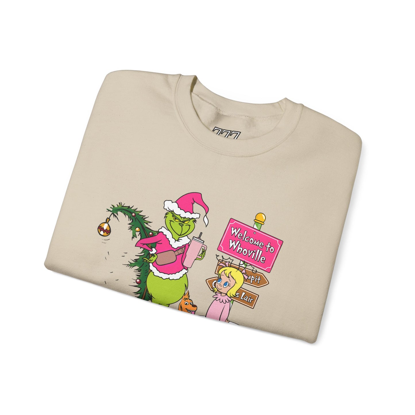 Welcome to Merryville Christmas Crewneck – Cute Green Creature & Winter Village Sweatshirt (Unisex)
