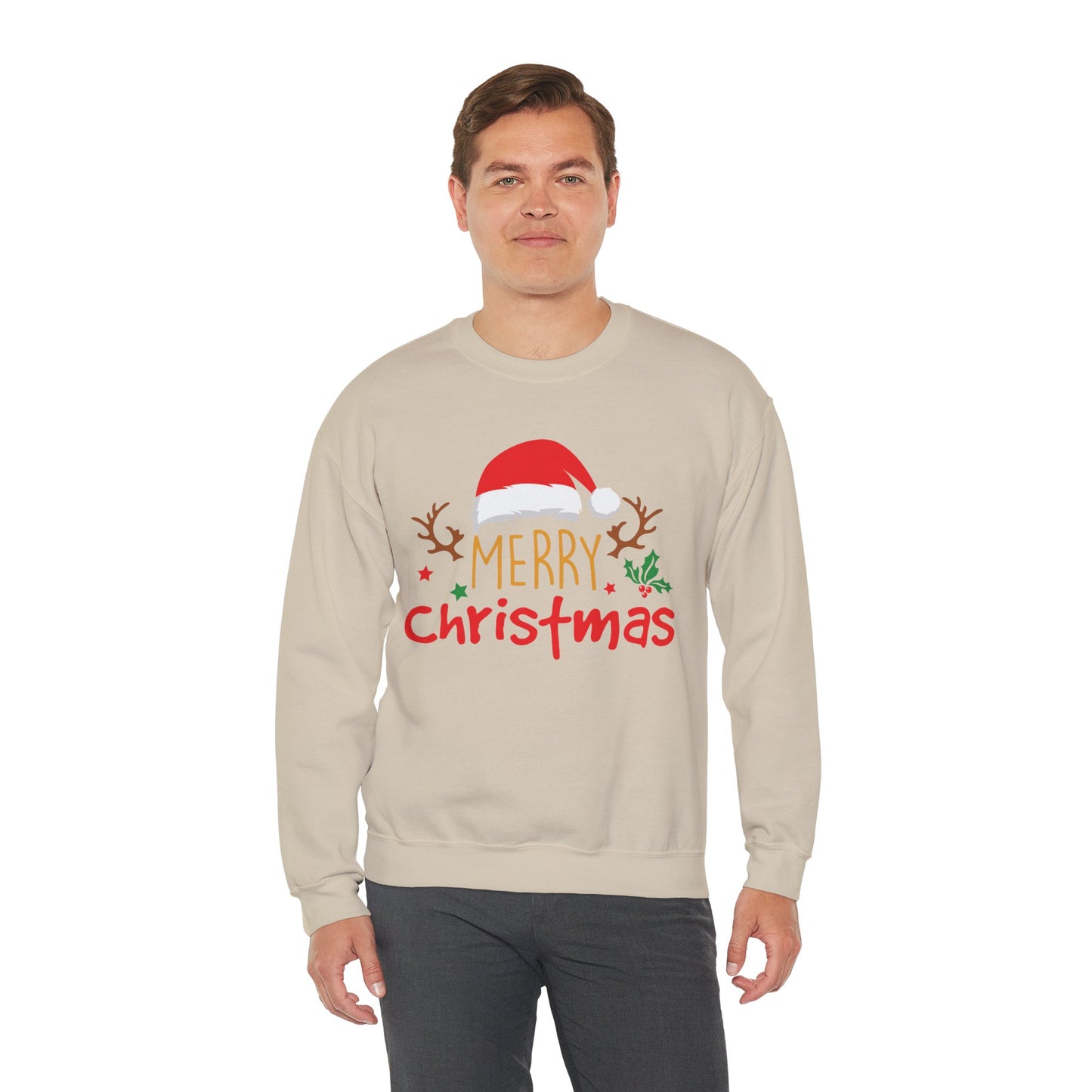 Merry Christmas Reindeer Crewneck – Santa Hat Holiday Unisex Sweatshirt, Festive Xmas Pullover