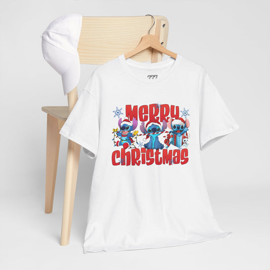Merry Christmas Unisex Heavy Cotton T-Shirt – Cute Blue Holiday Characters Christmas Tee