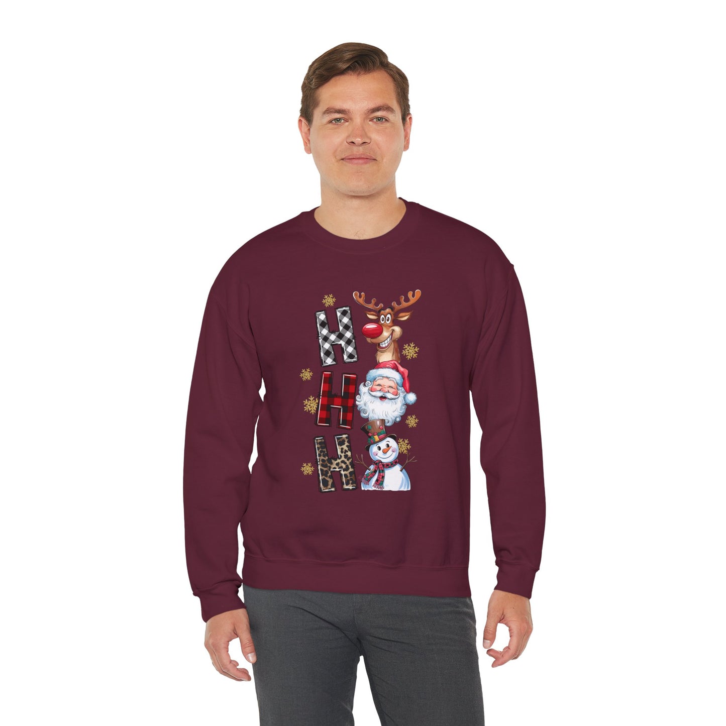 HO HO HO Christmas Unisex Heavy Blend Crewneck Sweatshirt – Santa, Reindeer & Snowman Holiday Sweater