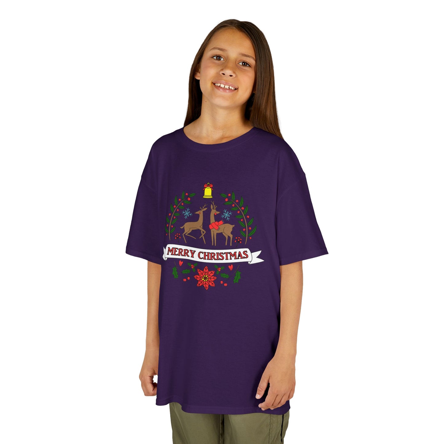 Merry Christmas Reindeer Kids T-Shirt – Cute Holiday Laurel & Poinsettia Tee