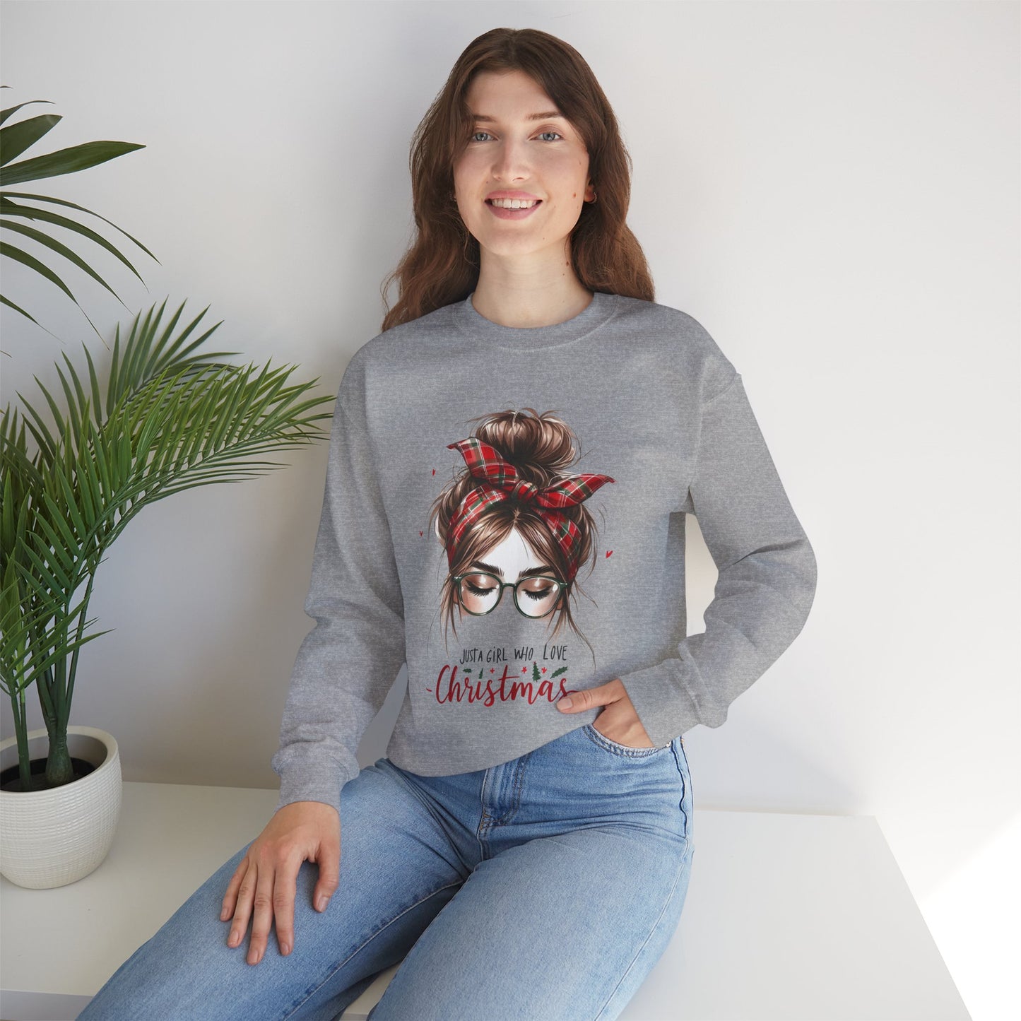 Just A Girl Who Loves Christmas Women’s Heavy Blend Crewneck Sweatshirt – Plaid Bandana Holiday Girl Sweater