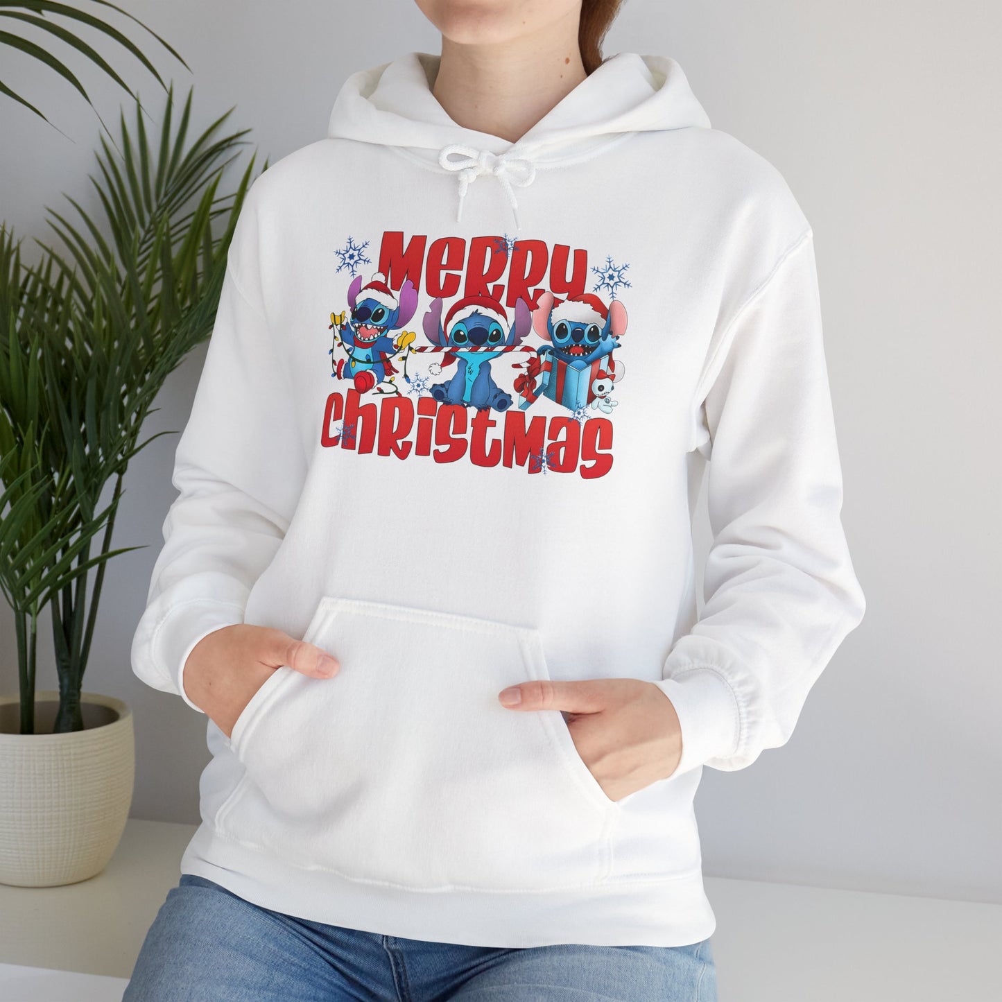 Merry Christmas Unisex Heavy Blend Hooded Sweatshirt – Cute Blue Holiday Characters Hoodie