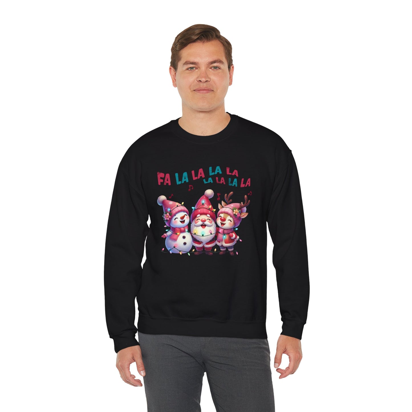 Festive Caroling Trio Christmas Crewneck – Cute Santa, Snowman & Reindeer Holiday Sweatshirt (Unisex)