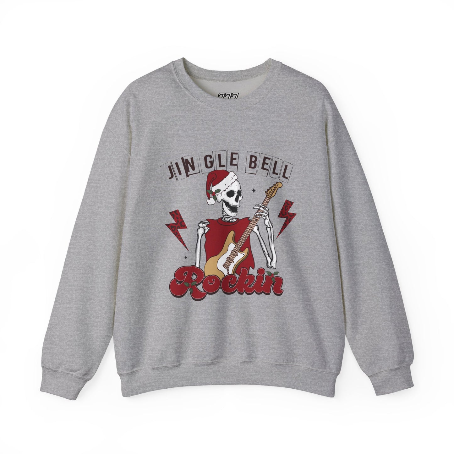 Jingle Bell Rockin’ Skeleton Christmas Rock Music Holiday Sweatshirt – Retro Guitar Santa Unisex Heavy Blend Crewneck