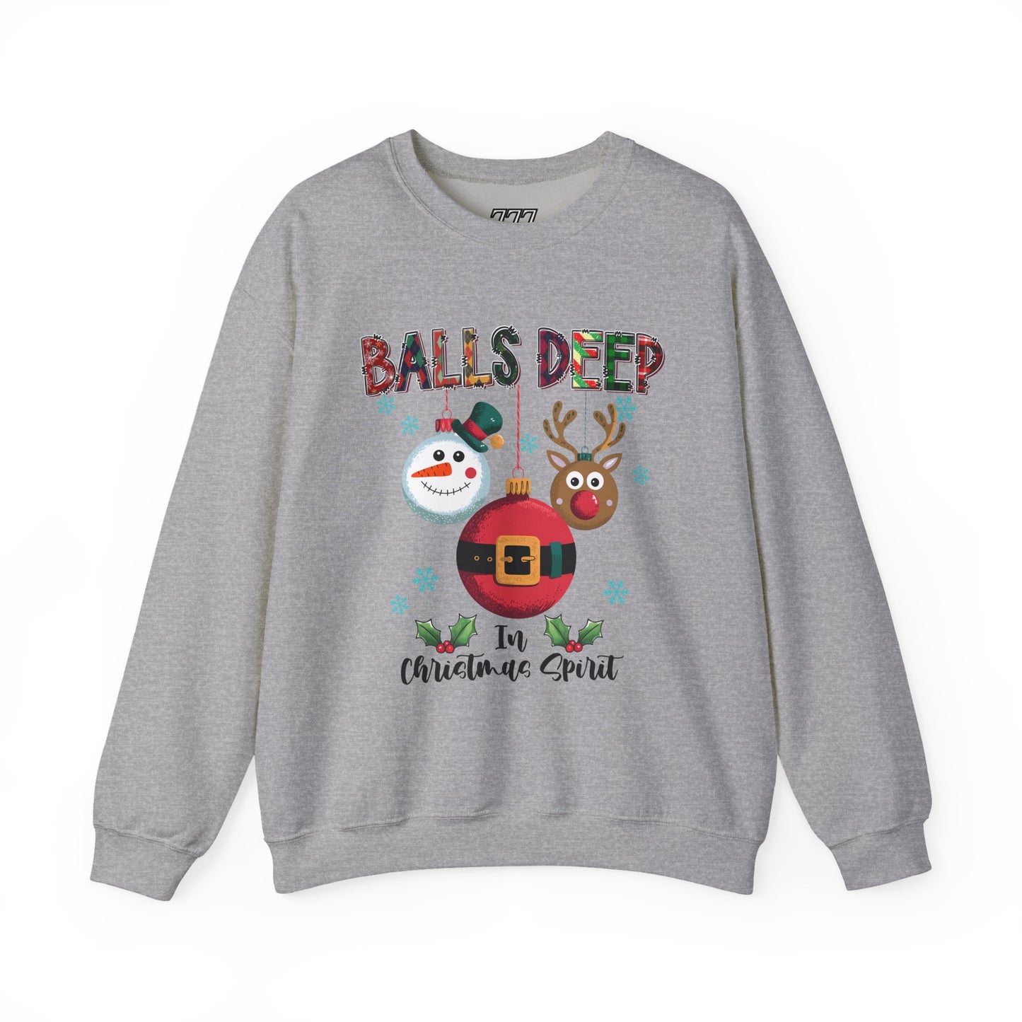 Balls Deep in Christmas Spirit Unisex Heavy Blend Crewneck Sweatshirt – Funny Adult Holiday Snowman & Reindeer Sweater