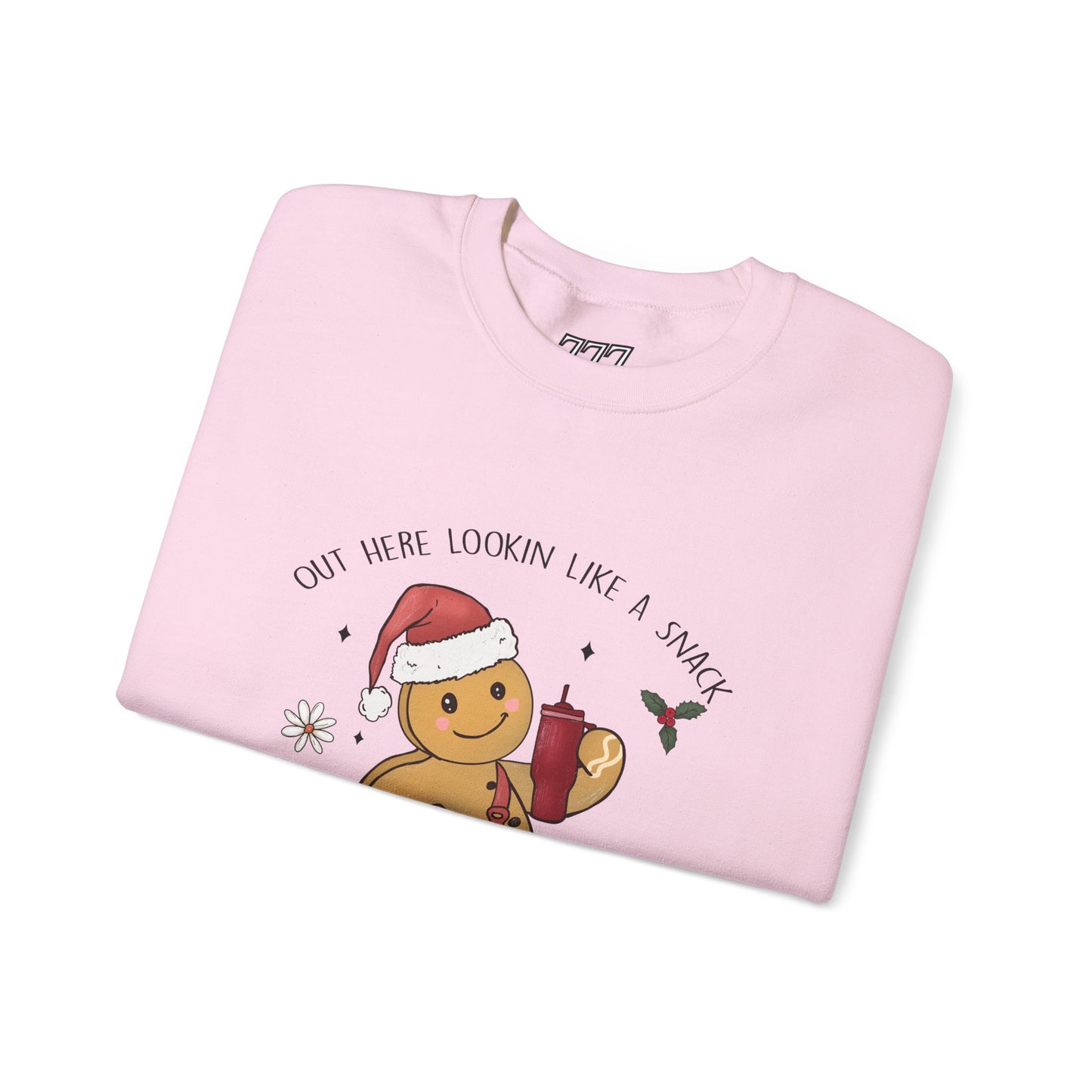 Out Here Looking Like a Snack Gingerbread Funny Christmas Holiday Sweatshirt – Cute Santa Hat Festive Unisex Heavy Blend Crewneck