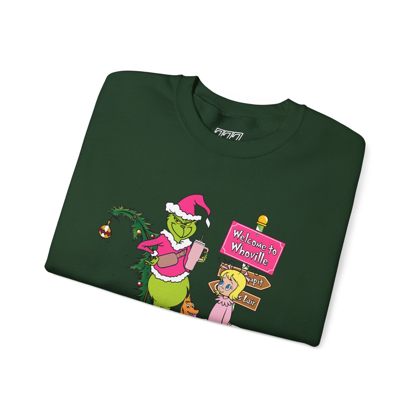Welcome to Merryville Christmas Crewneck – Cute Green Creature & Winter Village Sweatshirt (Unisex)