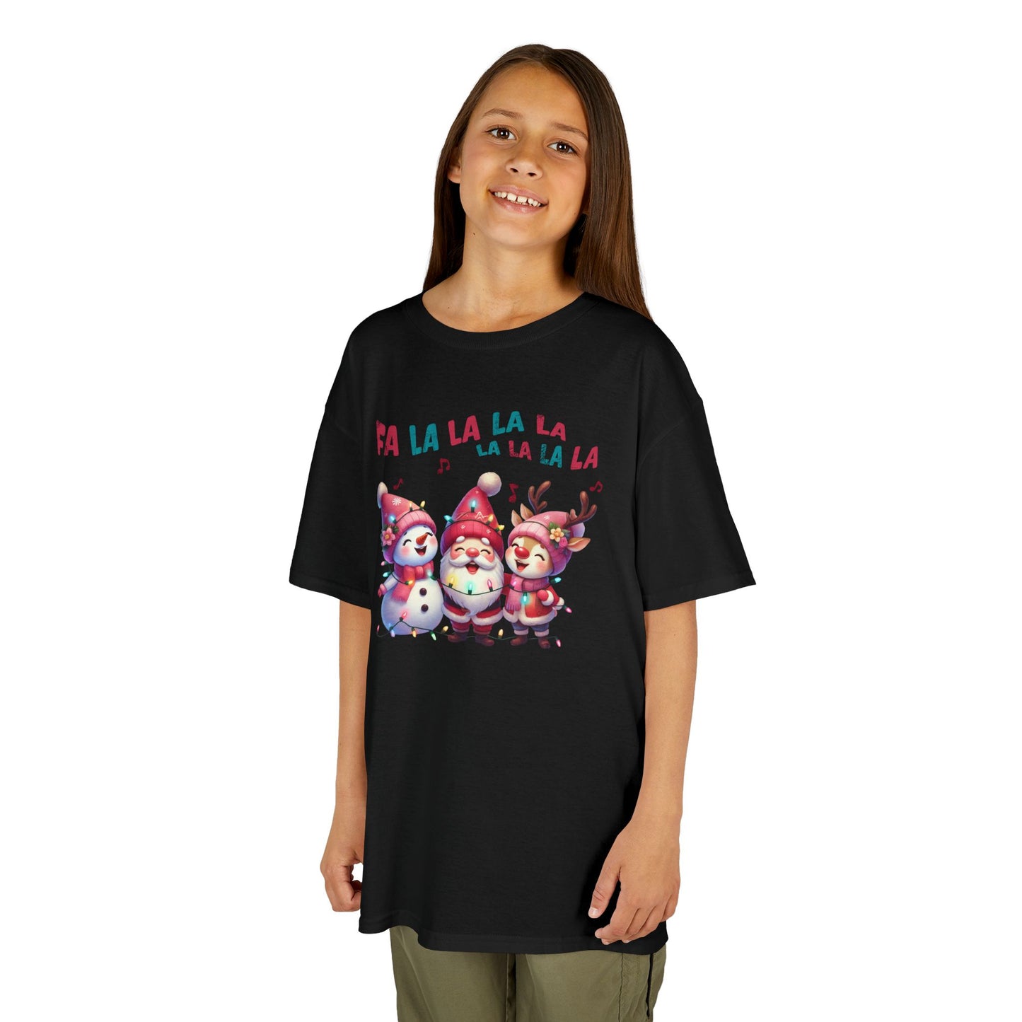 Festive Caroling Trio Kids Christmas T-Shirt – Cute Santa, Snowman & Reindeer Holiday Tee