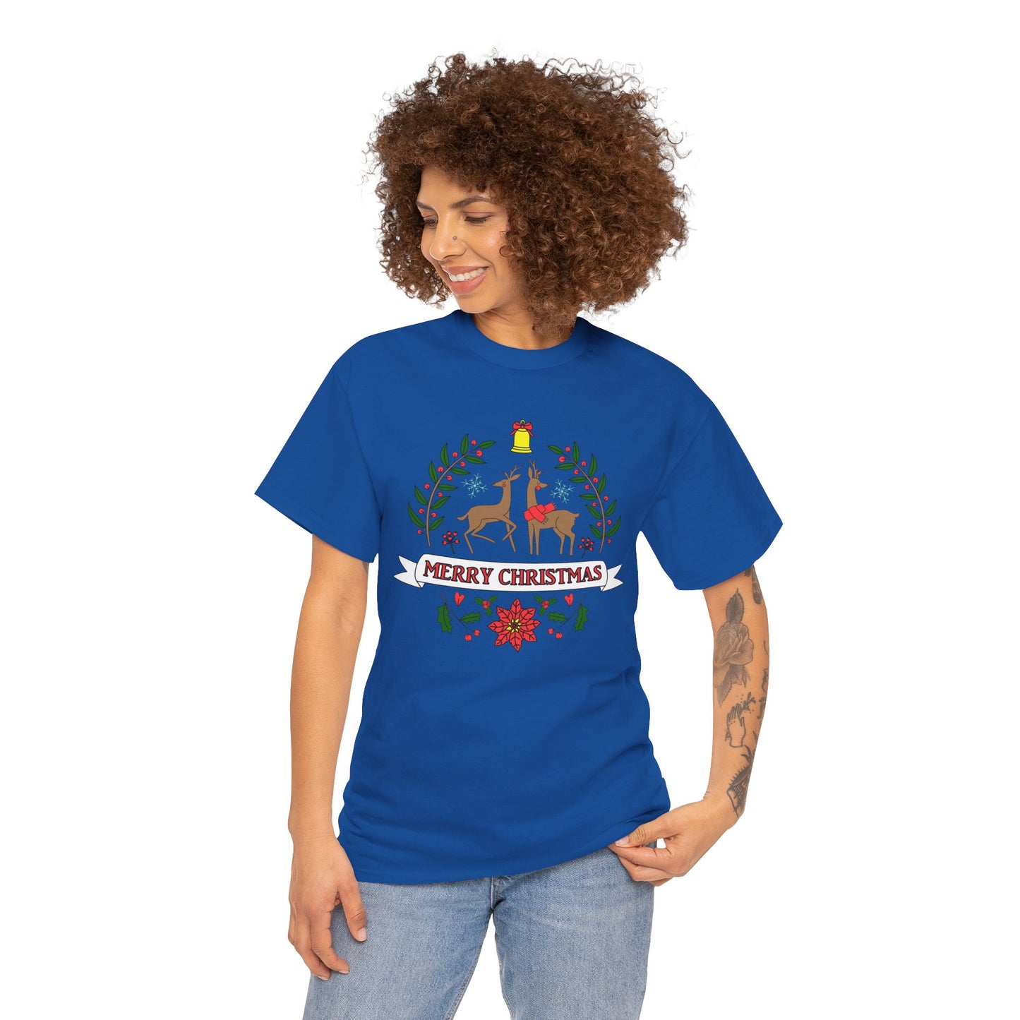 Merry Christmas Reindeer T-Shirt – Classic Holiday Laurel & Poinsettia Tee (Unisex)