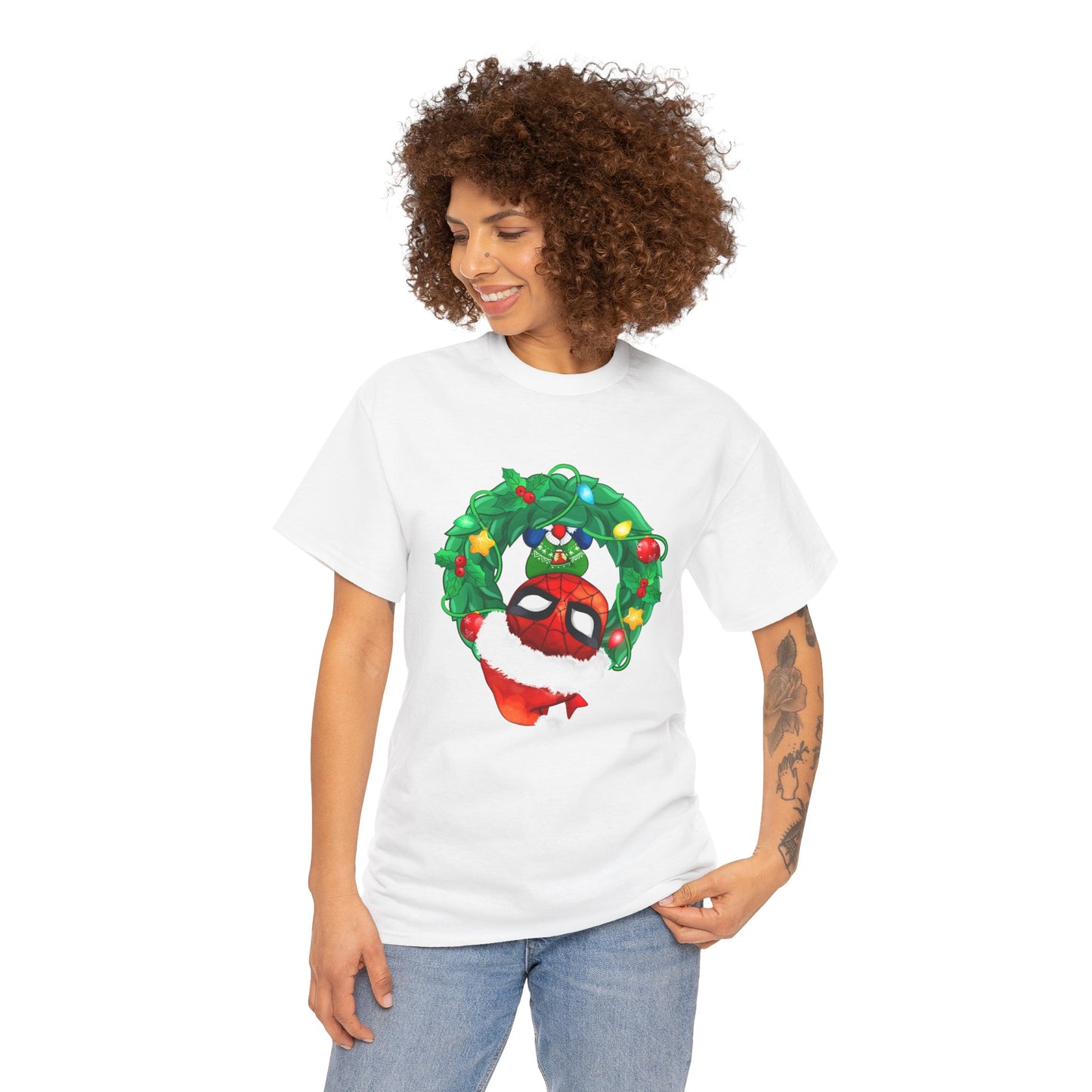 Spidey Wreath Christmas Tee – Superhero Holiday Lights Festive Unisex Heavy Cotton T-Shirt