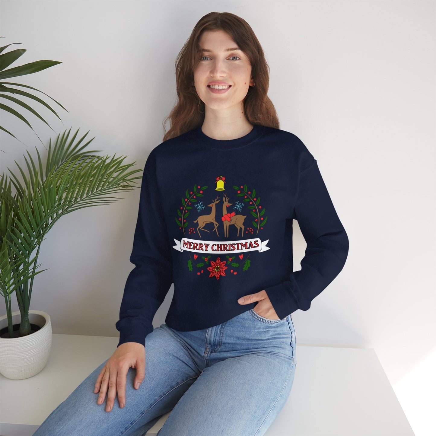 Merry Christmas Reindeer Crewneck – Classic Holiday Laurel & Poinsettia Sweatshirt (Unisex)