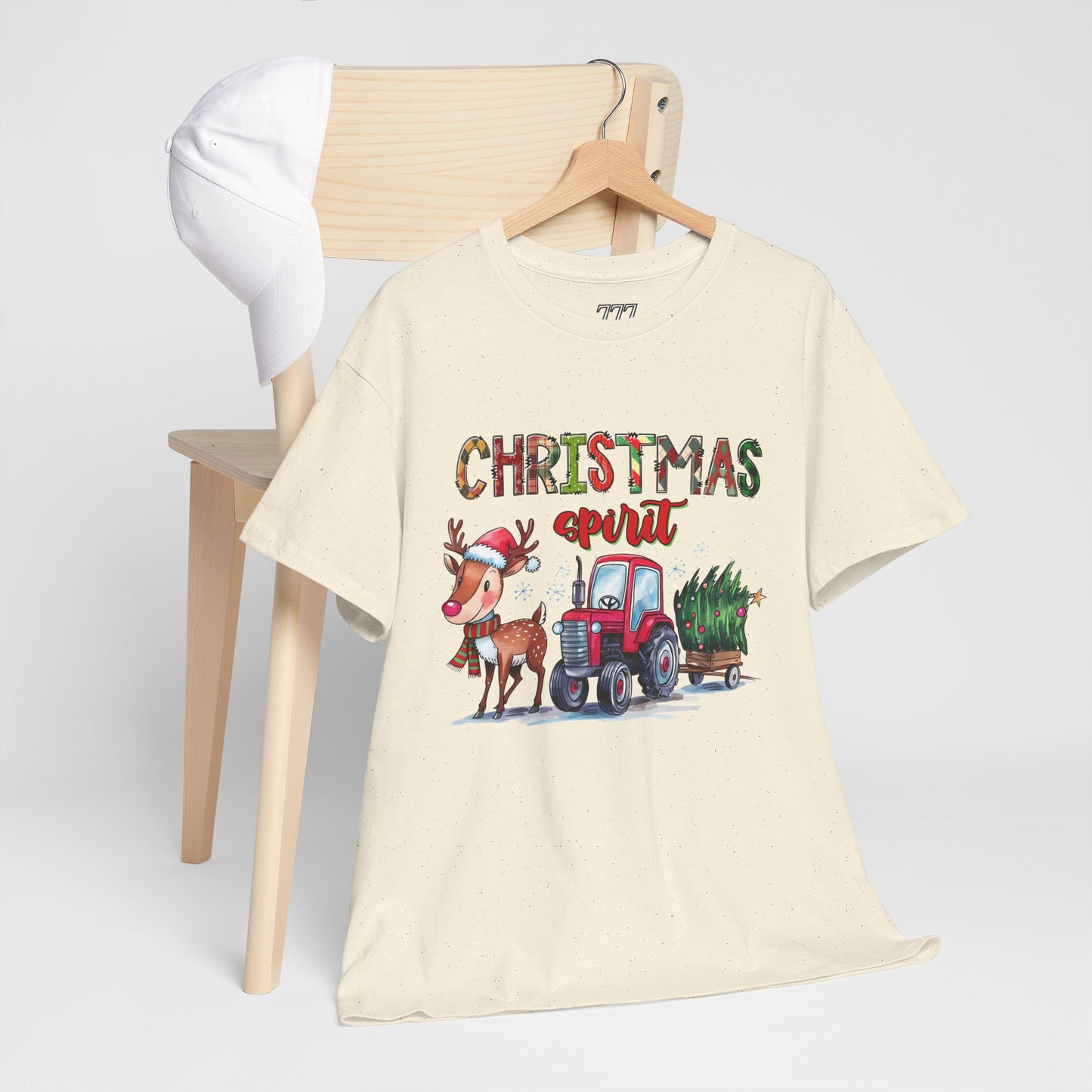 Christmas Spirit Unisex Heavy Cotton T-Shirt – Cute Reindeer & Red Tractor Holiday Tee