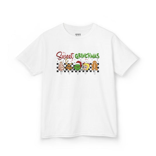 Sweet Grinchmas Candy Christmas Kids Tee – Cute Holiday Treat Characters Kids Heavy Cotton T-Shirt