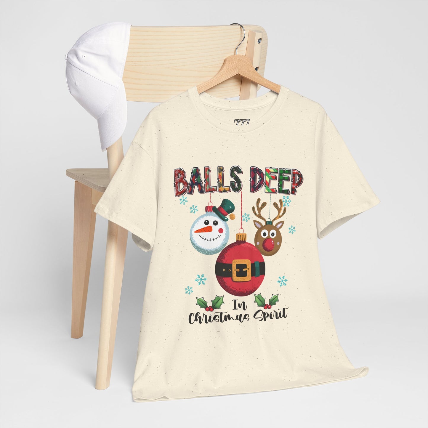 Balls Deep in Christmas Cheer Unisex Heavy Cotton T-Shirt – Funny Adult Holiday Snowman & Reindeer Tee