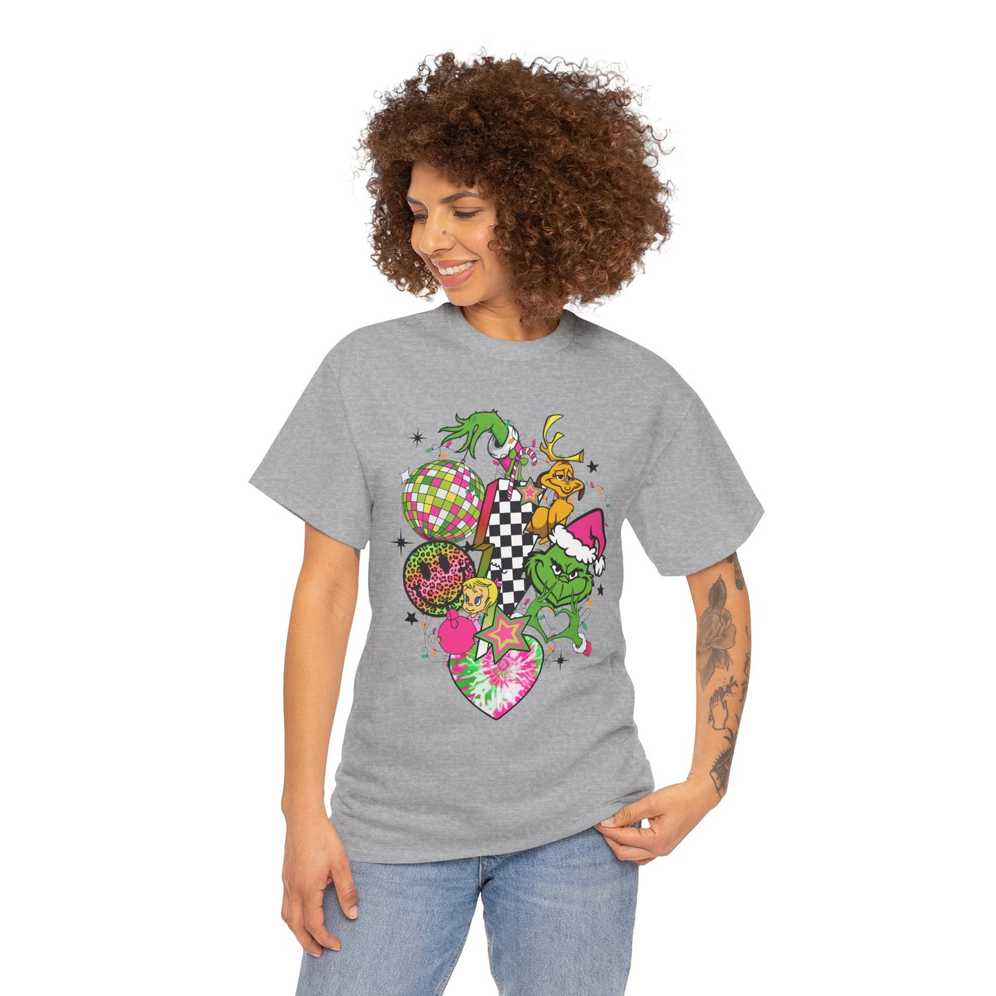 Grinchy Bell Christmas T-Shirt – Neon Holiday Hearts & Grumpy Green Vibes Tee (Unisex)