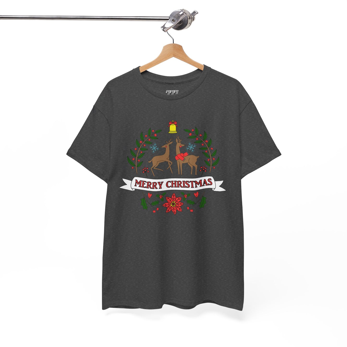 Merry Christmas Reindeer T-Shirt – Classic Holiday Laurel & Poinsettia Tee (Unisex)