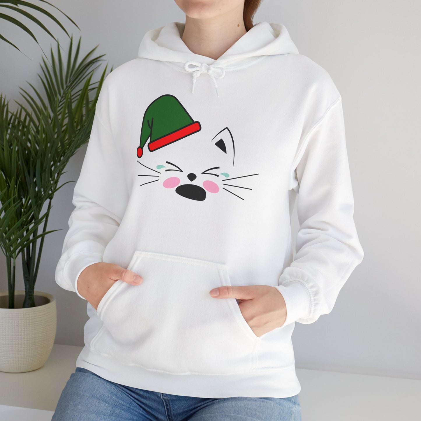 Elf Cat Christmas Hoodie – Cute Kawaii Cat Holiday Hooded Sweatshirt (Unisex)