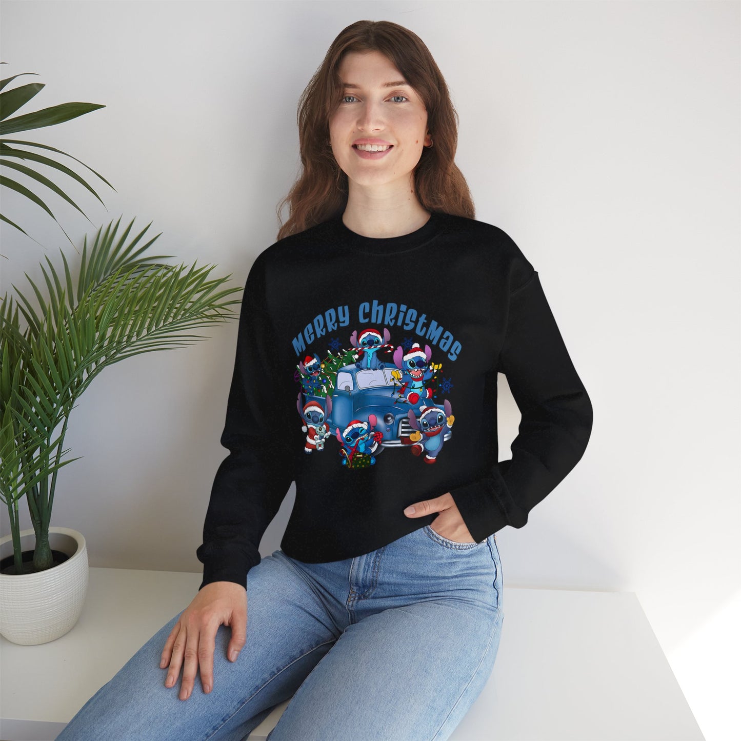 Merry Christmas Unisex Heavy Blend Crewneck Sweatshirt – Blue Christmas Truck & Cute Holiday Characters Sweater