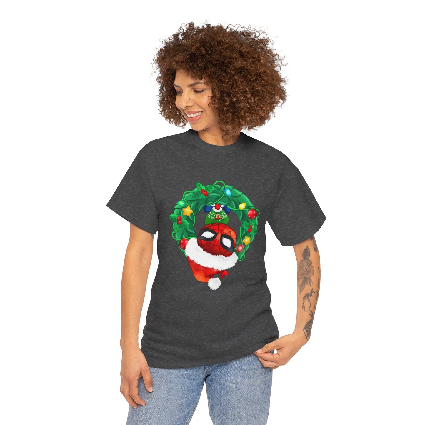 Spidey Wreath Christmas Tee – Superhero Holiday Lights Festive Unisex Heavy Cotton T-Shirt