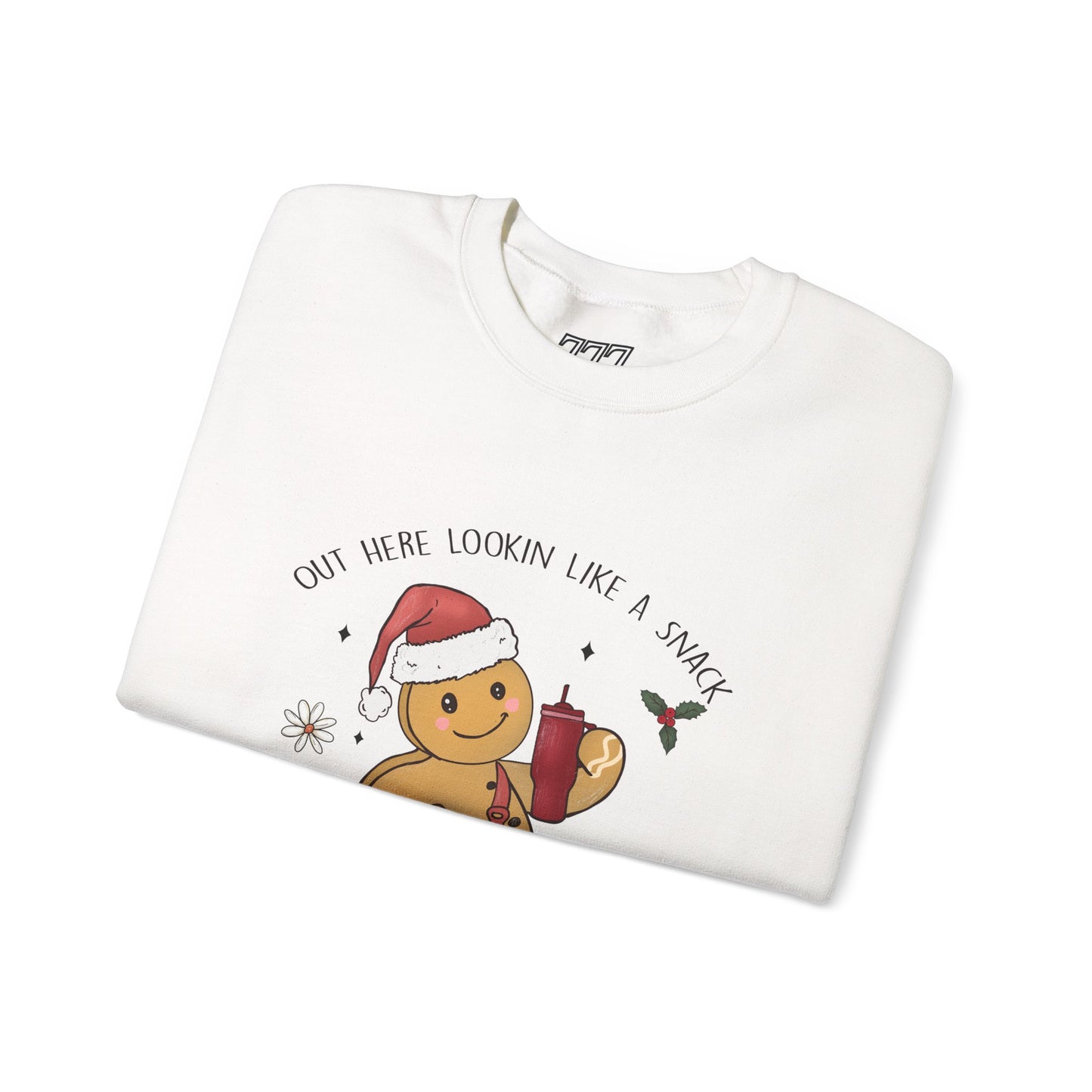 Out Here Looking Like a Snack Gingerbread Funny Christmas Holiday Sweatshirt – Cute Santa Hat Festive Unisex Heavy Blend Crewneck