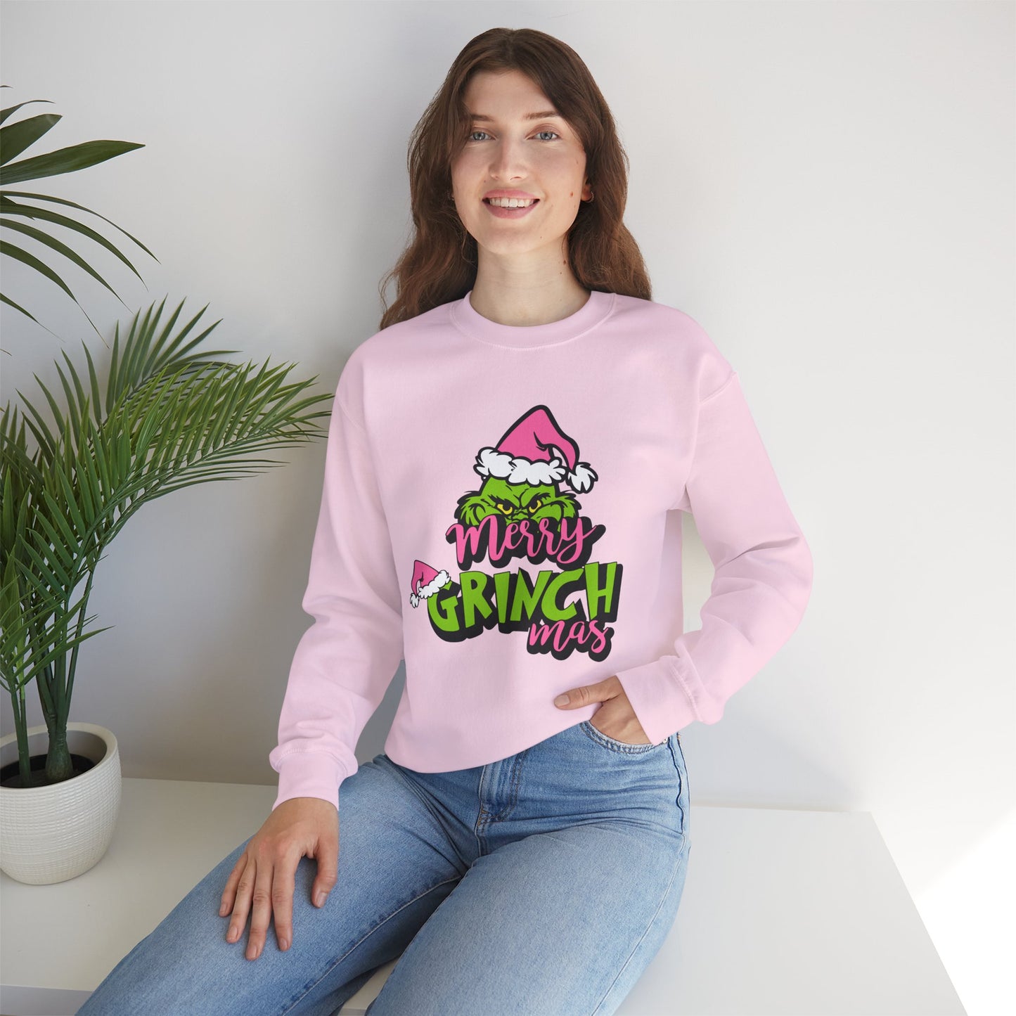 Merry Grinchmas Funny Christmas Grinch-Inspired Holiday Sweatshirt – Pink Santa Festive Unisex Heavy Blend Crewneck