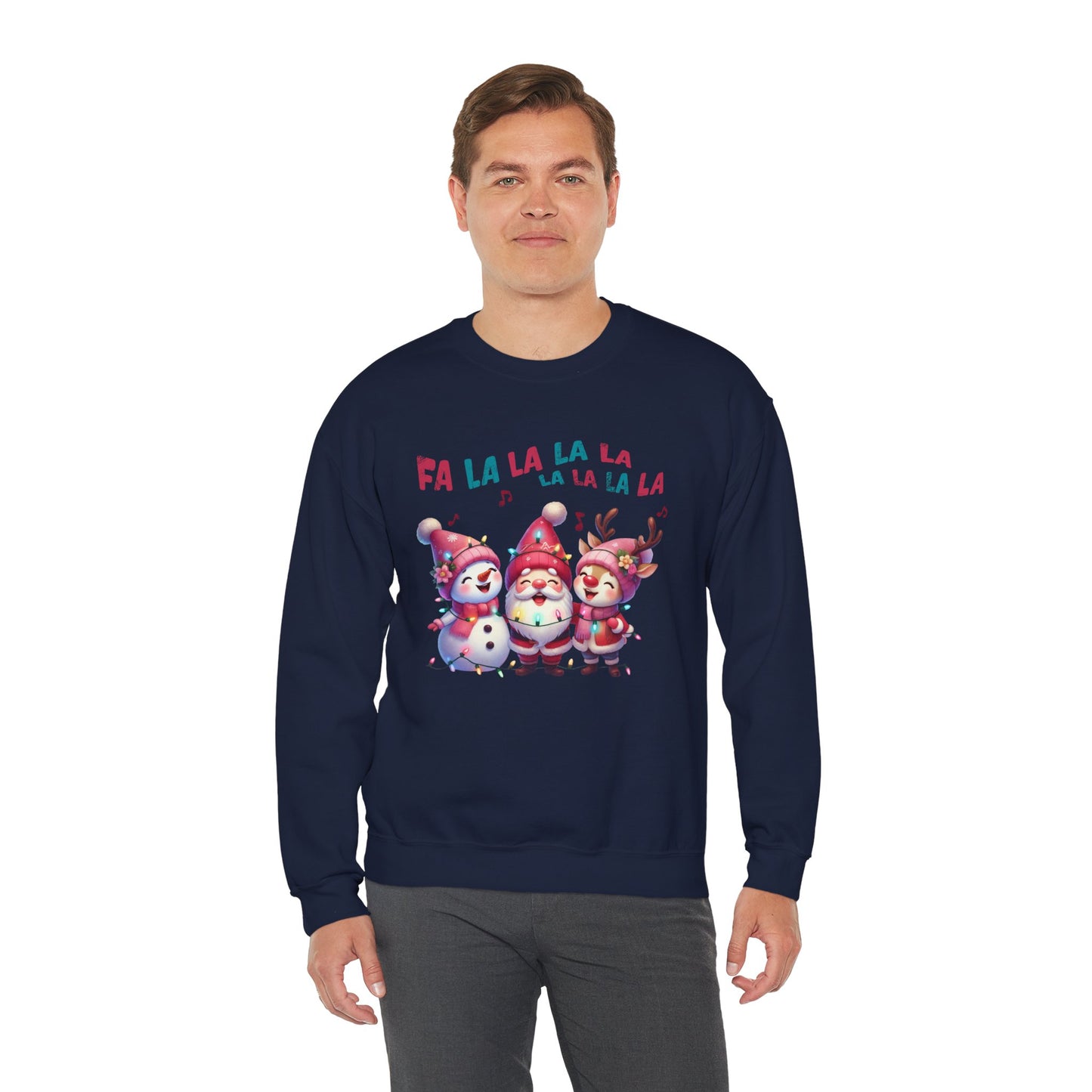 Festive Caroling Trio Christmas Crewneck – Cute Santa, Snowman & Reindeer Holiday Sweatshirt (Unisex)