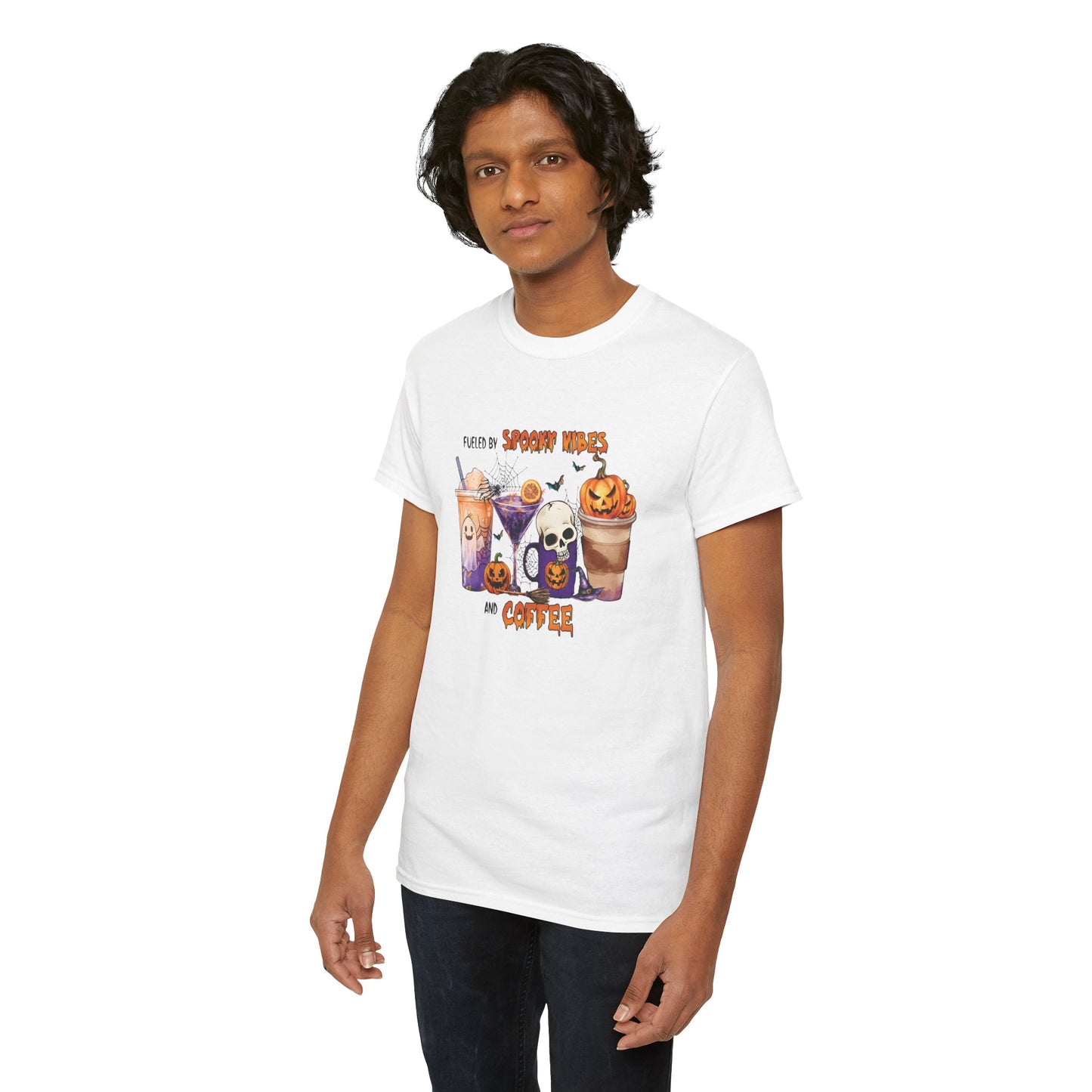 Fueled By Spooky Vibes And Coffee Unisex Heavy Cotton T-Shirt