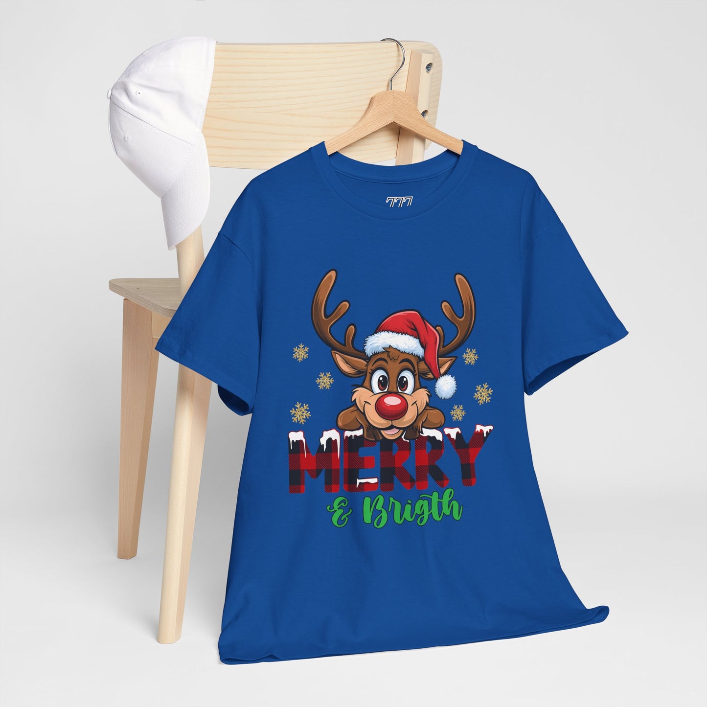Merry & Bright Unisex Heavy Cotton T-Shirt – Cute Christmas Reindeer Holiday Tee