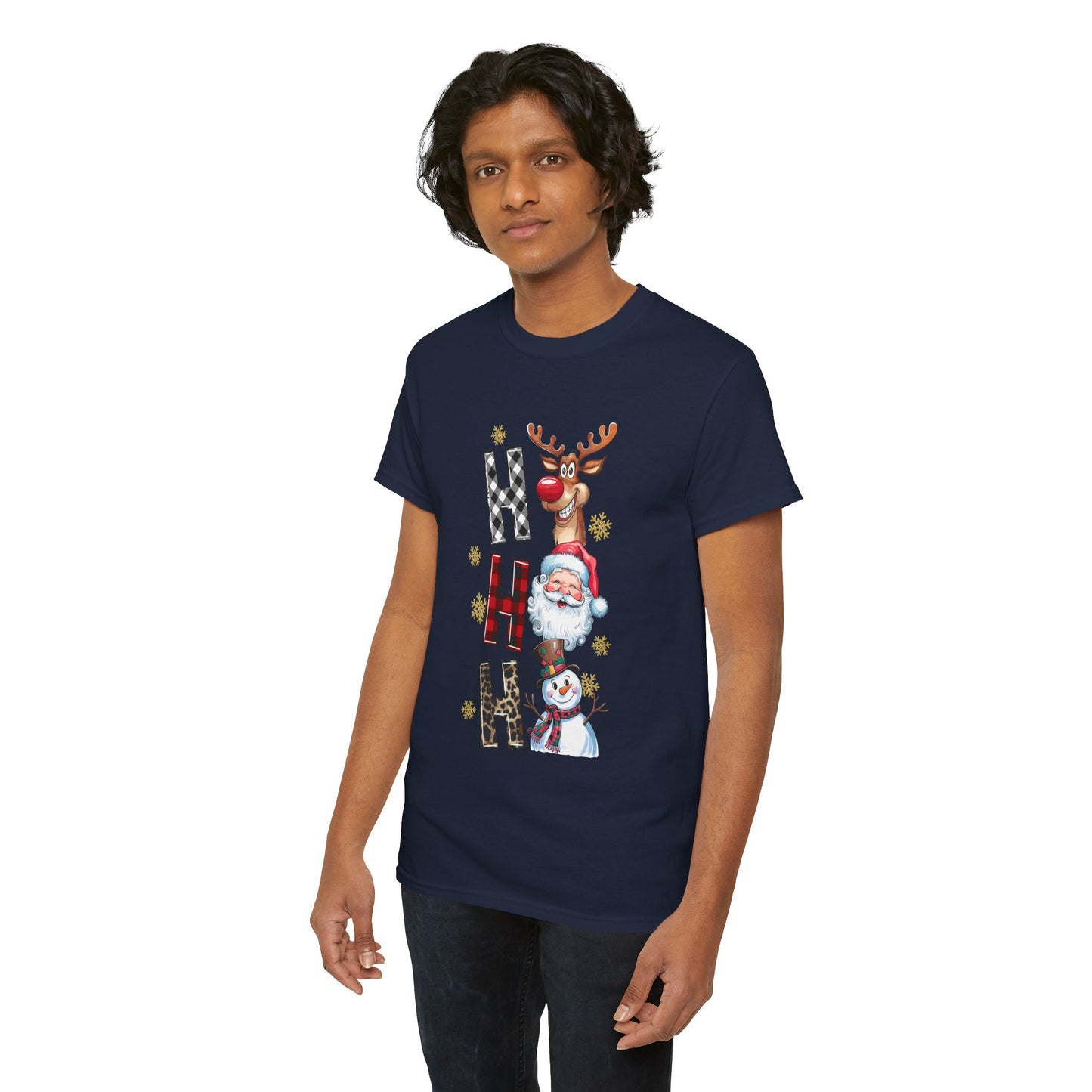 HO HO HO Christmas Unisex Heavy Cotton T-Shirt – Santa, Reindeer & Snowman Holiday Tee