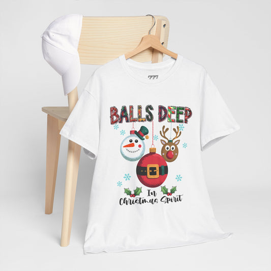 Balls Deep in Christmas Cheer Unisex Heavy Cotton T-Shirt – Funny Adult Holiday Snowman & Reindeer Tee