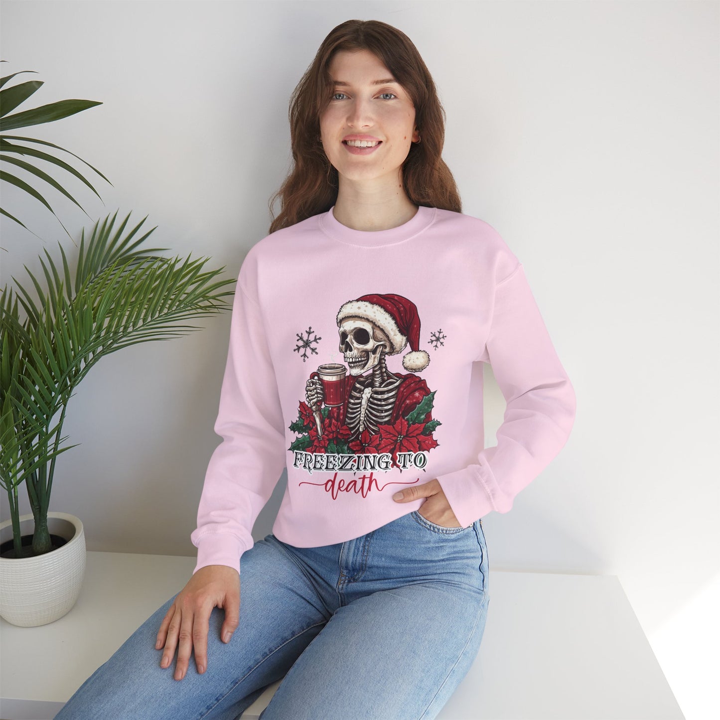 Freezing To Death Skeleton Christmas Crewneck – Funny Holiday Unisex Sweatshirt, Winter Coffee Xmas Pullover