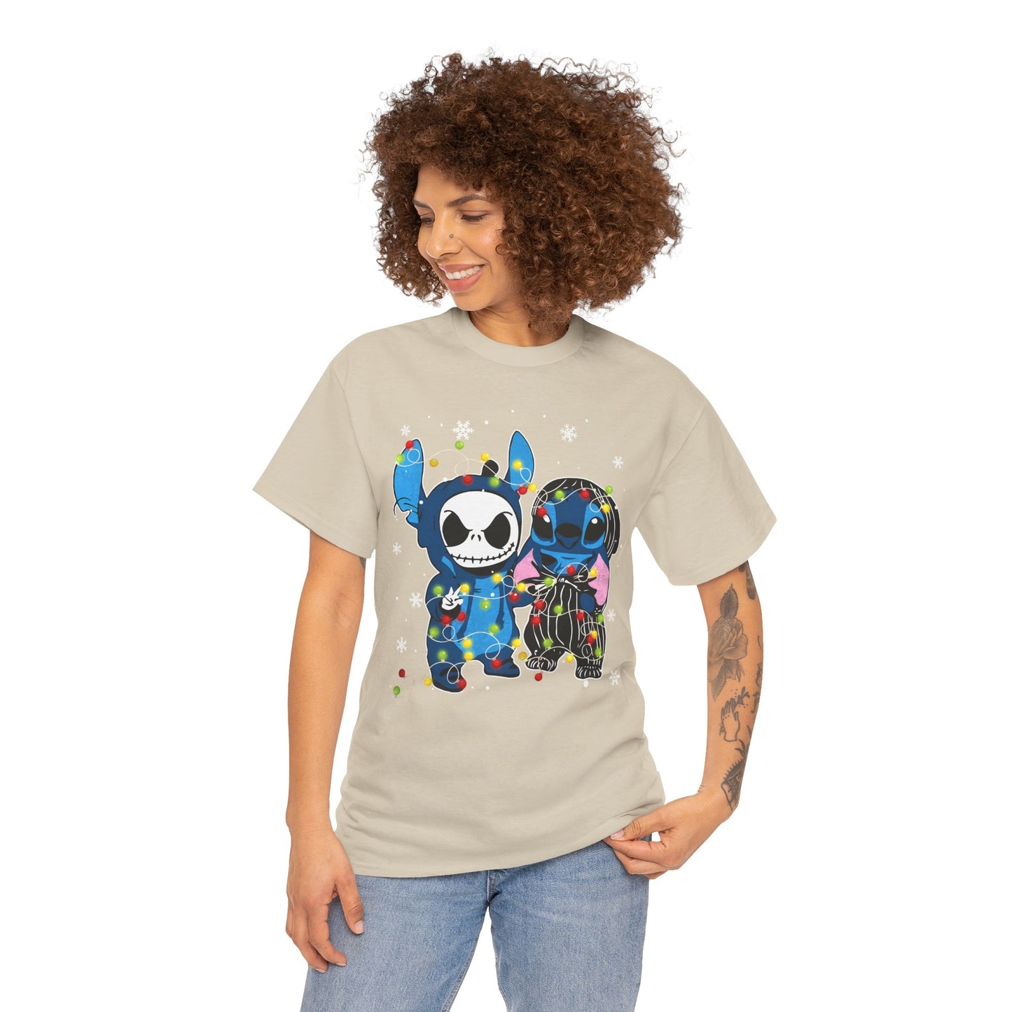 Cute Holiday Duo Christmas Unisex Heavy Cotton T-Shirt – Cartoon Alien & Skeleton Festive Tee