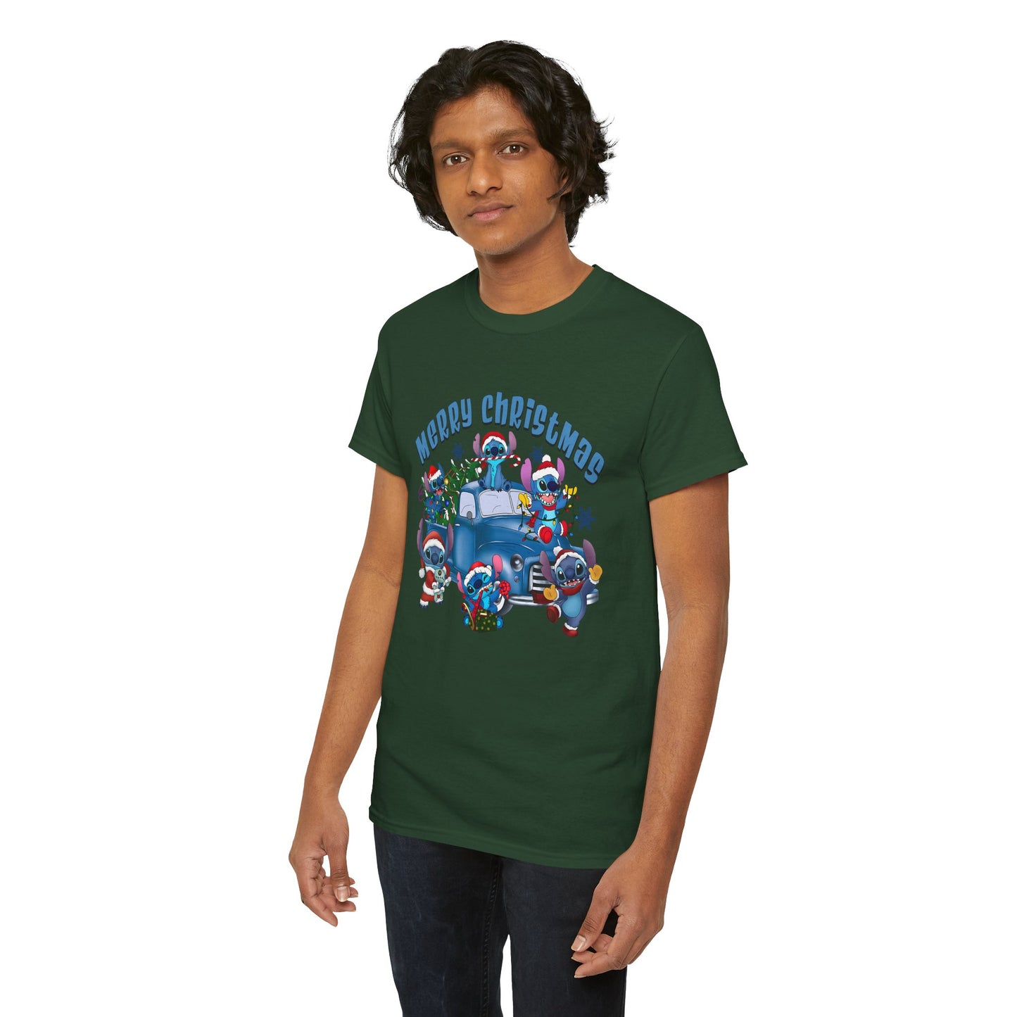 Merry Christmas Unisex Heavy Cotton T-Shirt – Blue Christmas Truck & Cute Holiday Characters Tee