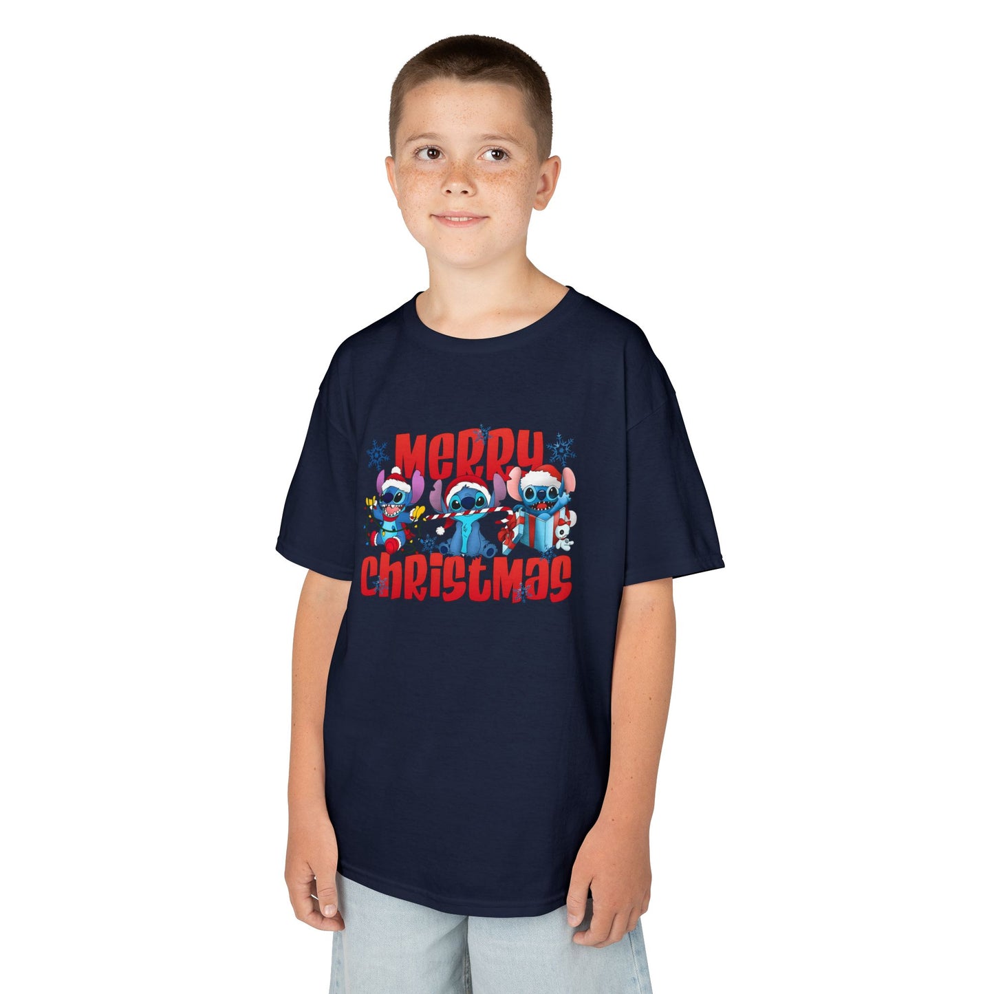 Merry Christmas Kids T-Shirt – Cute Blue Holiday Characters Heavy Cotton Tee