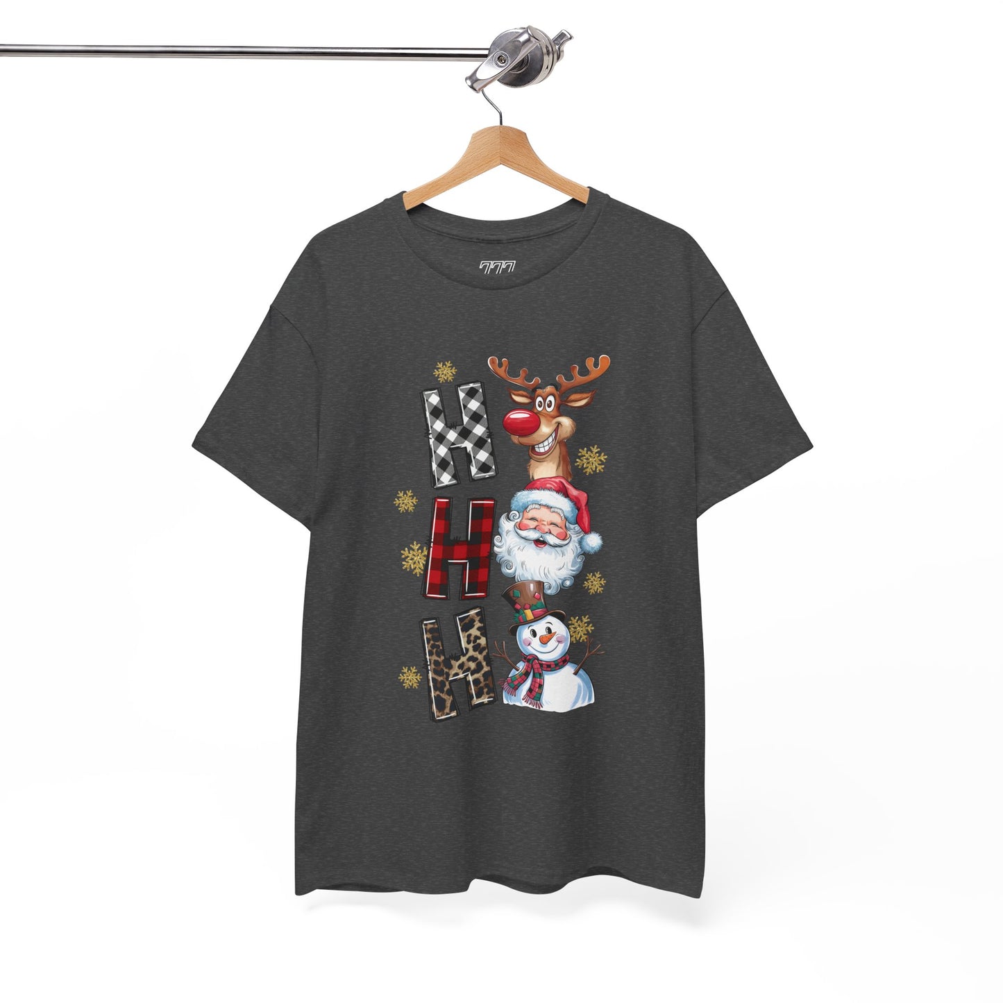 HO HO HO Christmas Unisex Heavy Cotton T-Shirt – Santa, Reindeer & Snowman Holiday Tee