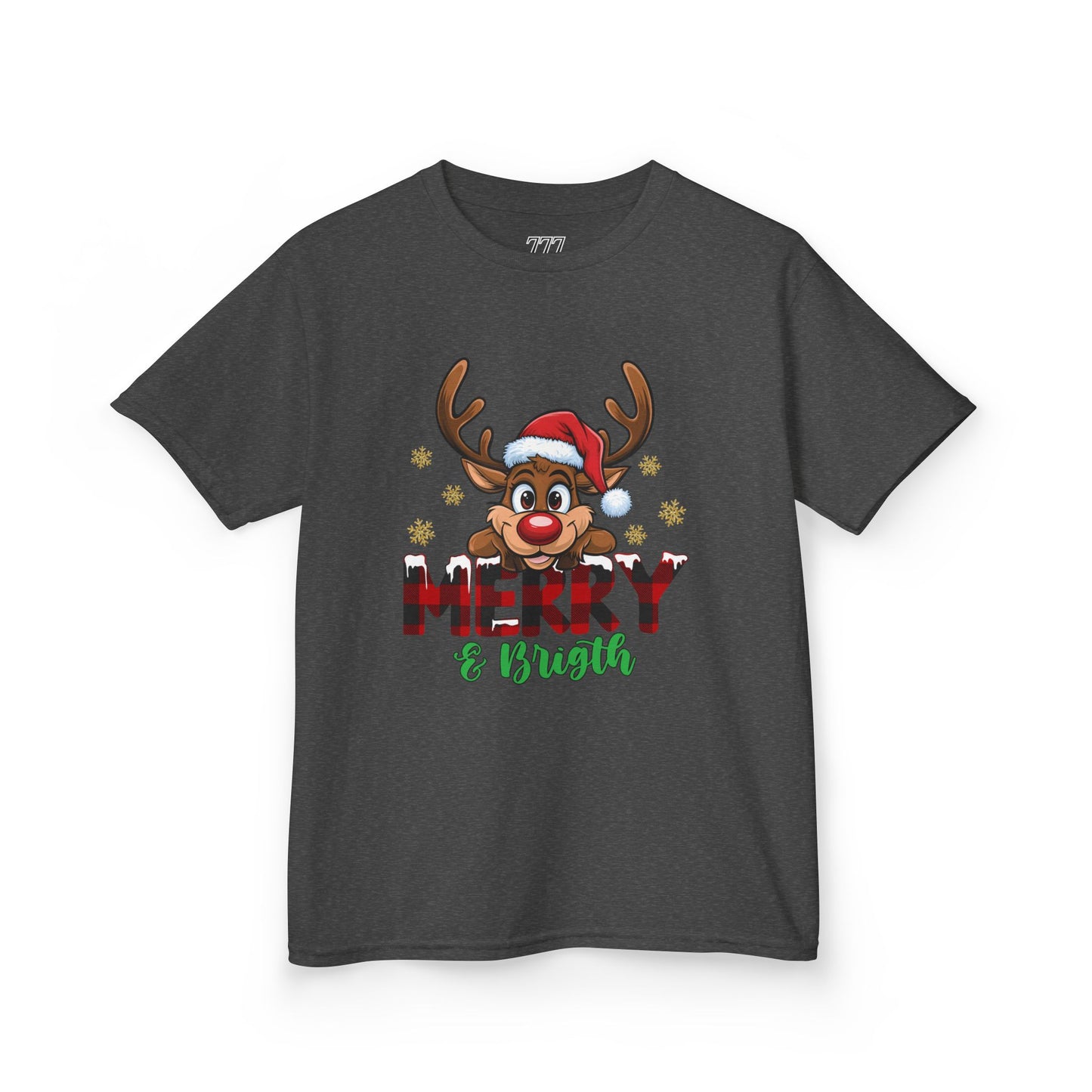 Merry & Bright Kids Christmas T-Shirt – Cute Reindeer Holiday Heavy Cotton Tee