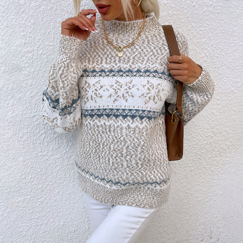 Women’s Half Turtleneck Snowflake Sweater – Cozy Knitted Winter Pullover