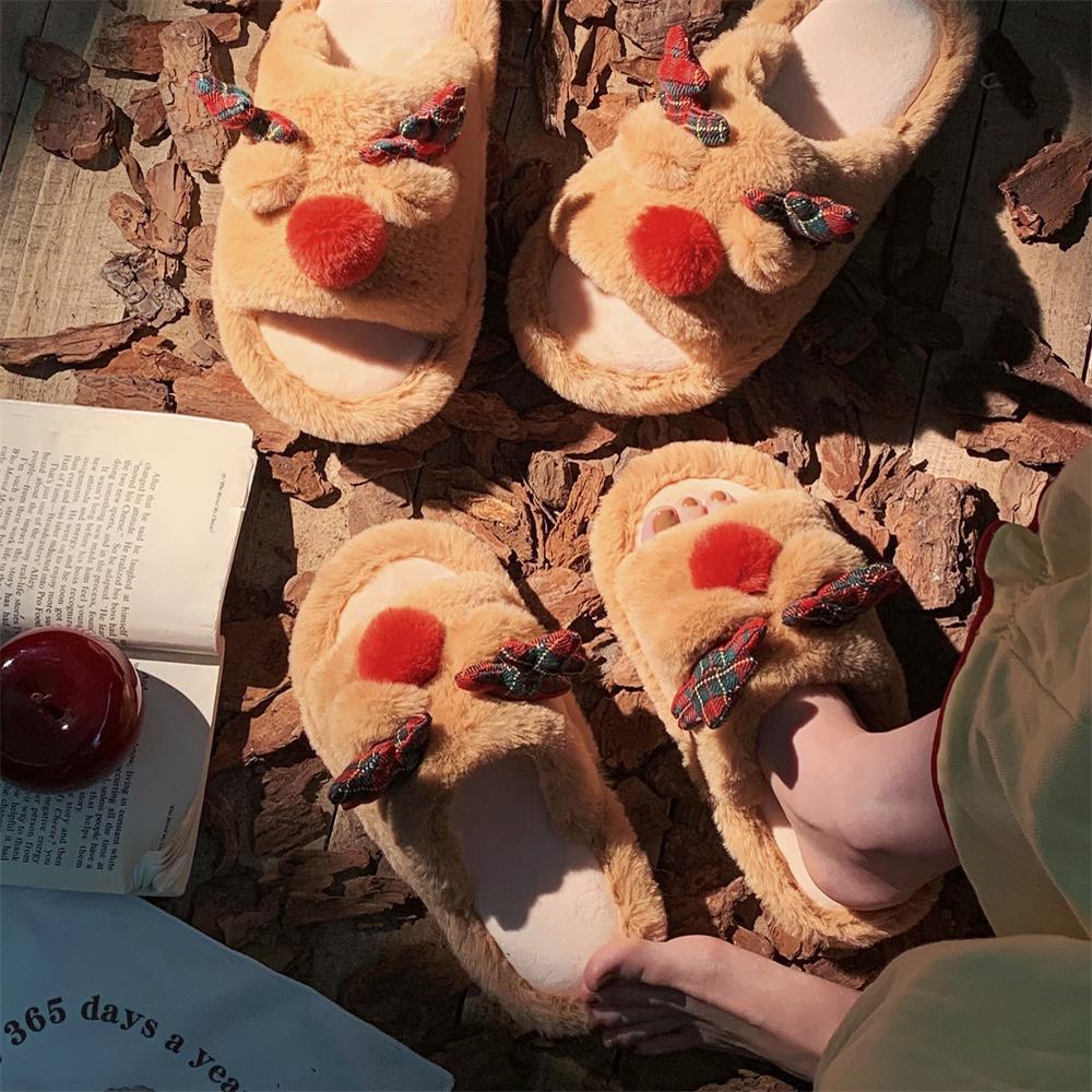 Fluffy Reindeer Christmas Slippers – Cozy Holiday Indoor House Shoes