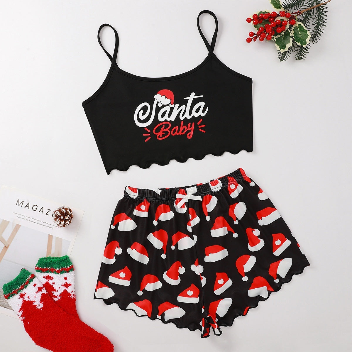 Women’s Christmas Two-Piece Pajama Set – Sleeveless Holiday Cami & Shorts Sleepwear