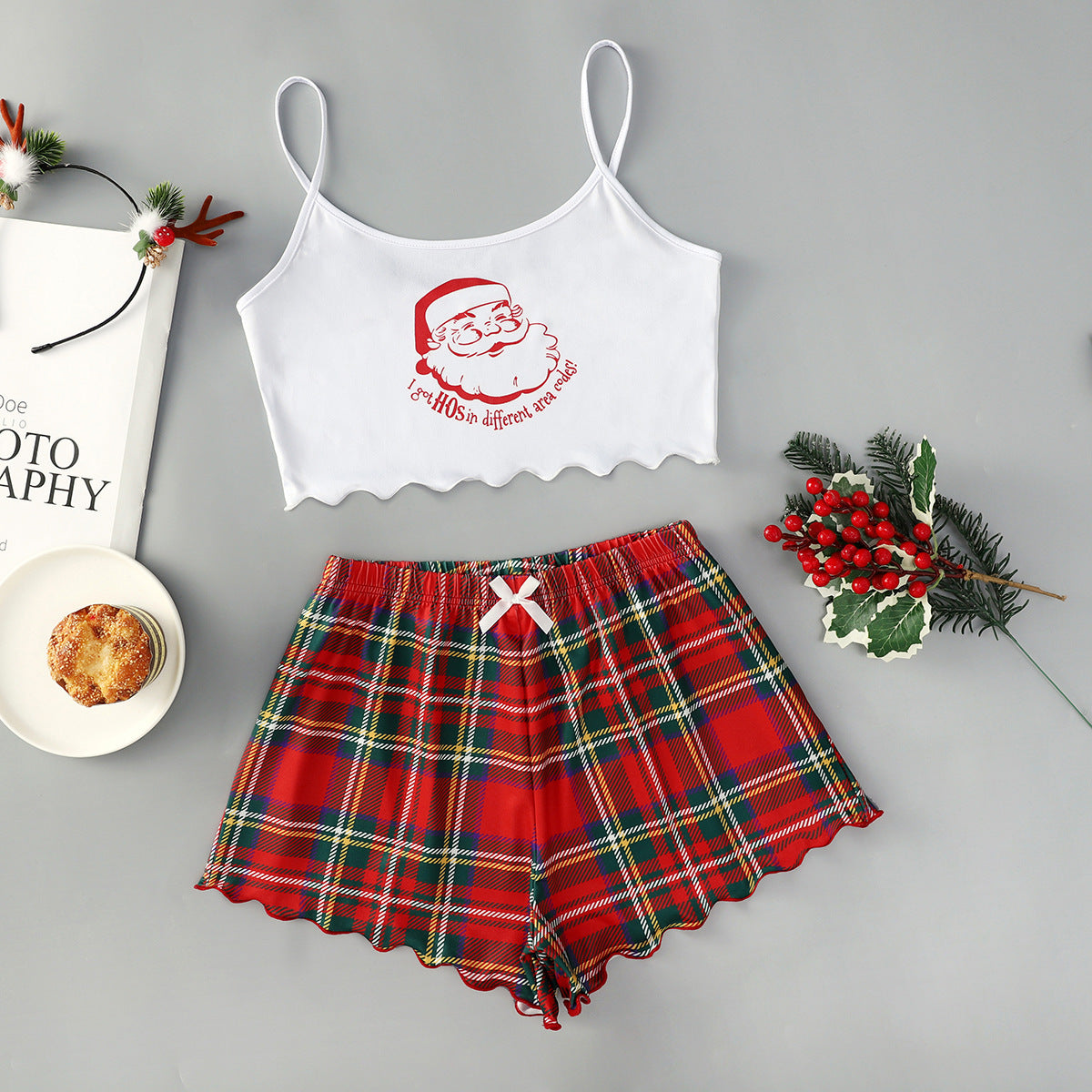 Women’s Christmas Two-Piece Pajama Set – Sleeveless Holiday Cami & Shorts Sleepwear