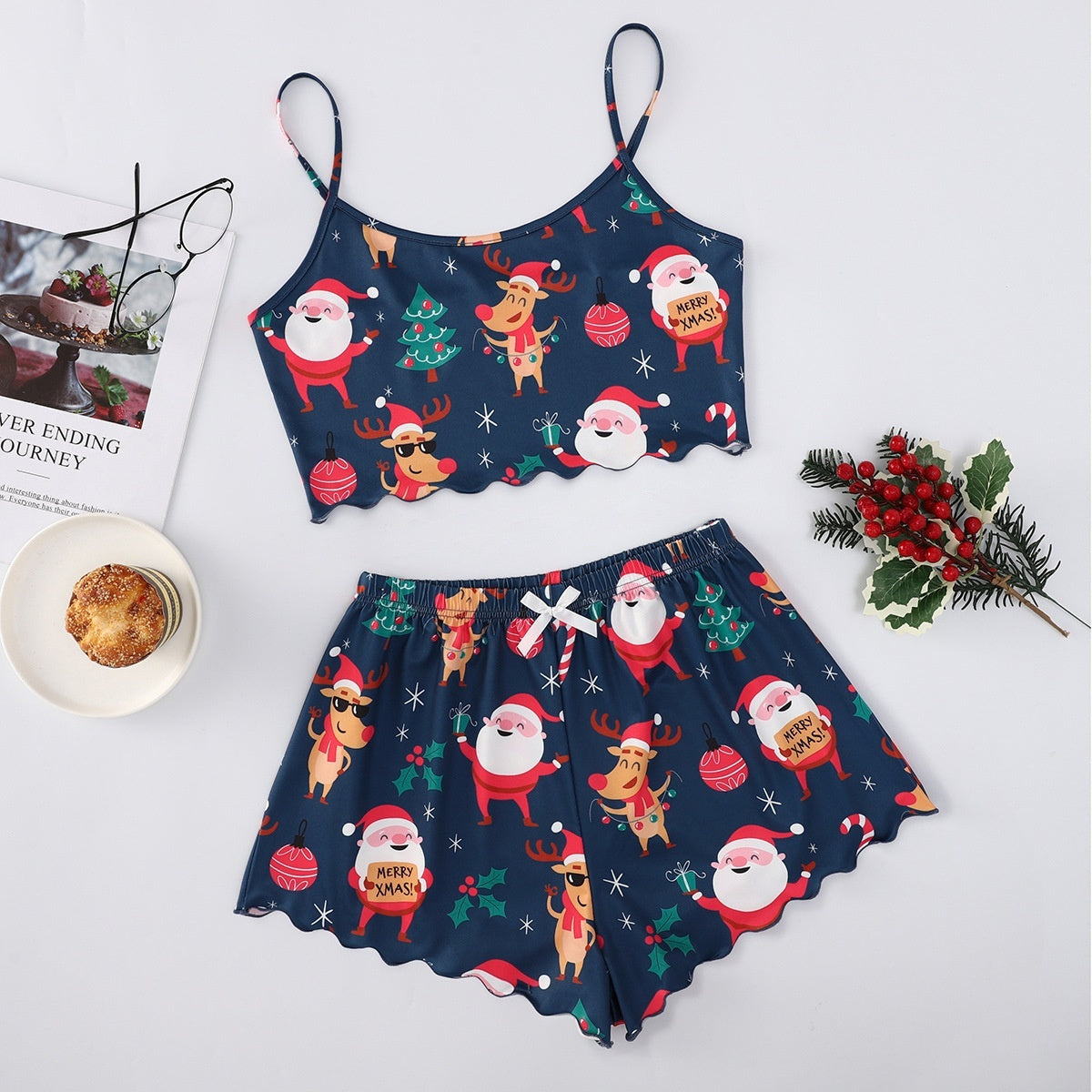 Women’s Christmas Two-Piece Pajama Set – Sleeveless Holiday Cami & Shorts Sleepwear